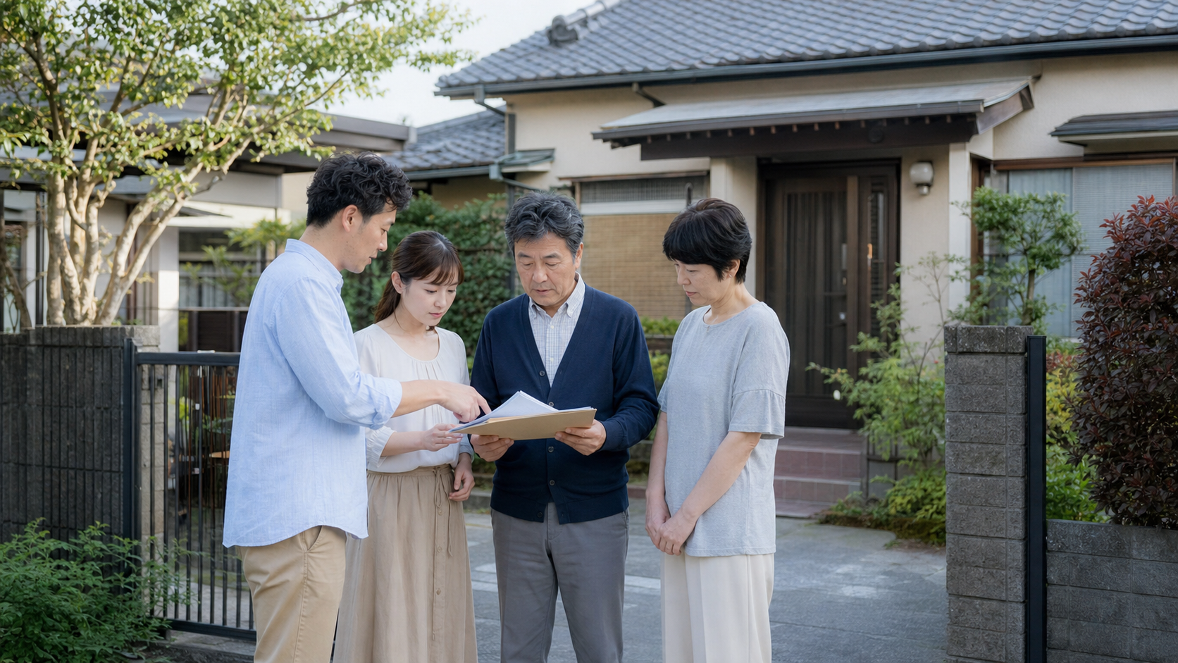 相続した家の売却を家族で相談している様子