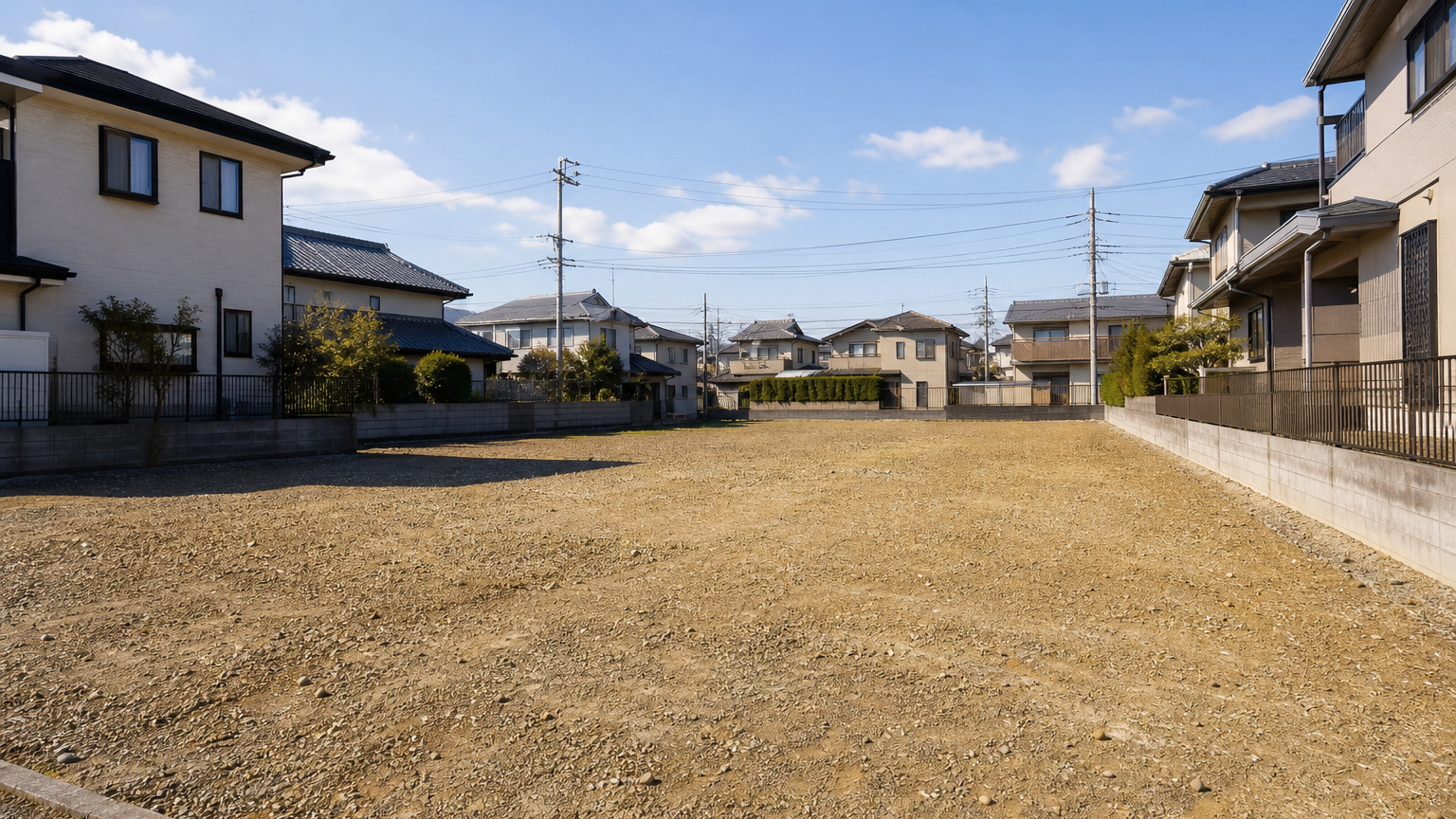 郊外にある更地・空き地の風景。明るい空の下の平らな土地。