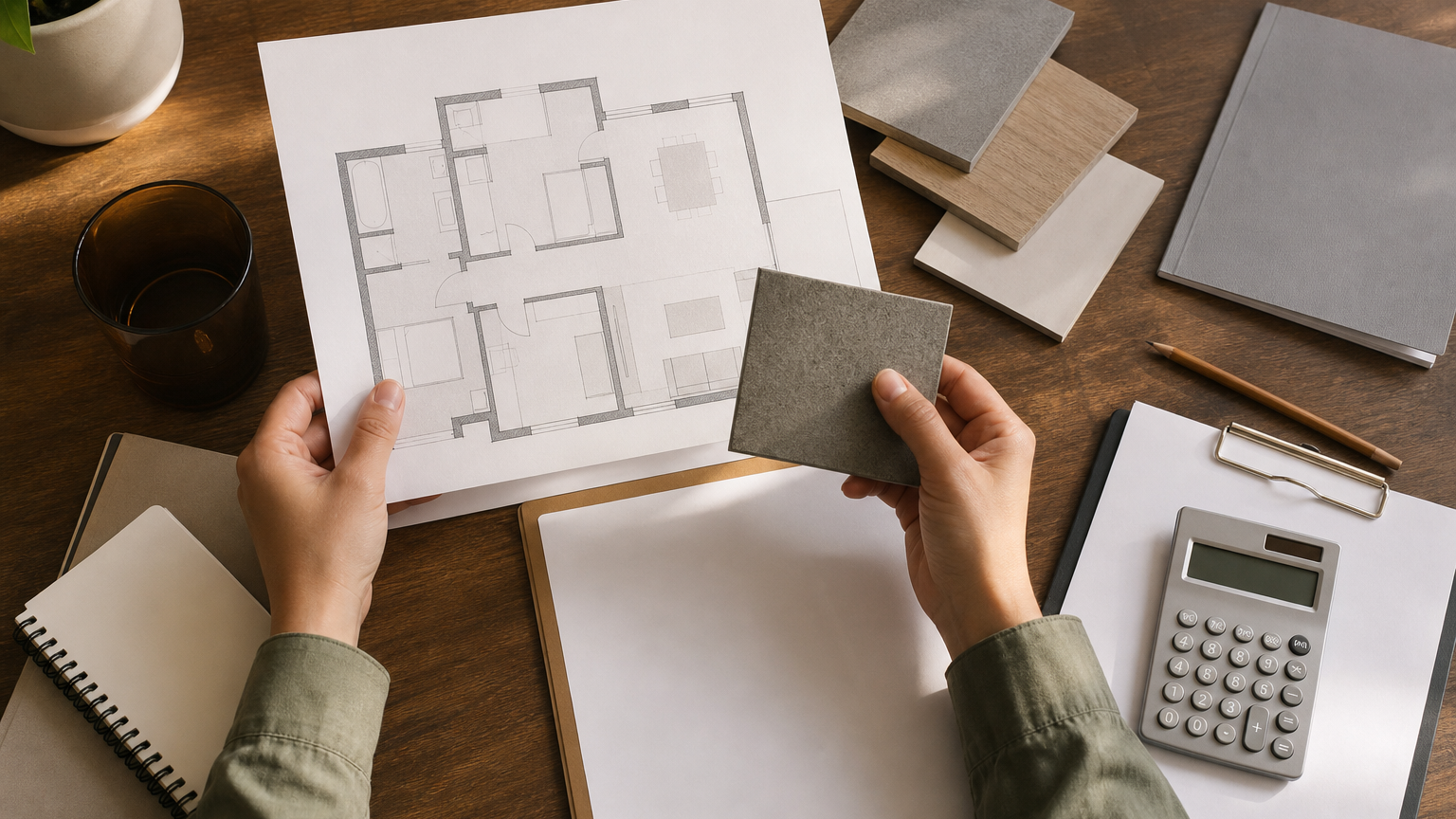 机の上に広げた住宅の間取り図と物件資料、電卓。複数の選択肢を比較する様子。