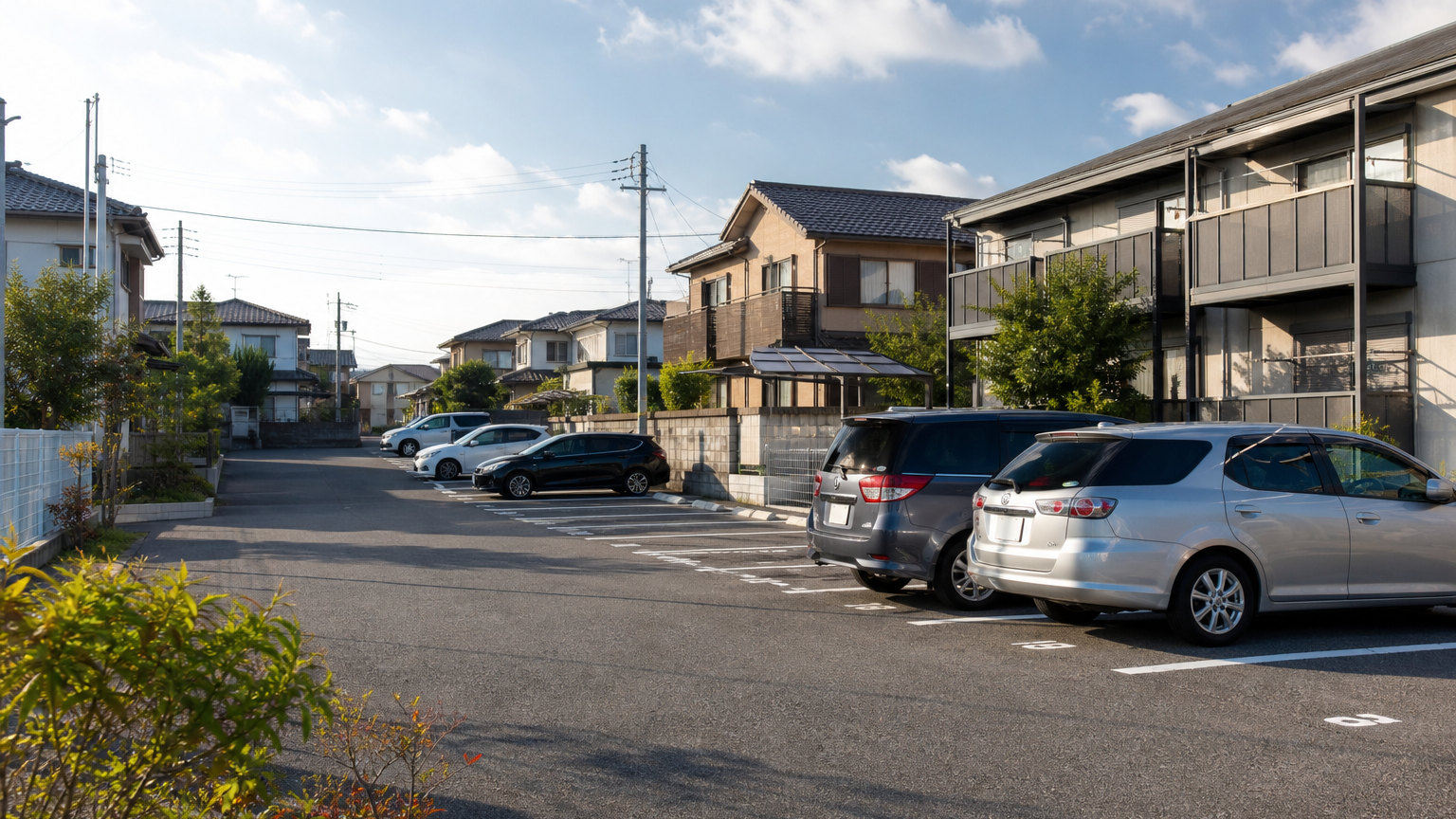 土地を活用した月極駐車場。午後の暖かな日差しが差す住宅街。