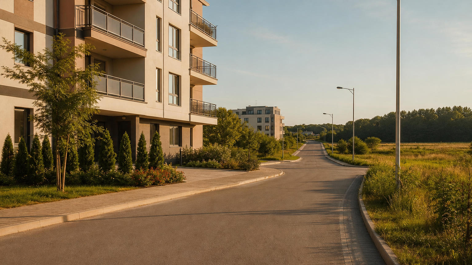 小さなアパートと開けた土地のある、落ち着いた住宅街の風景。