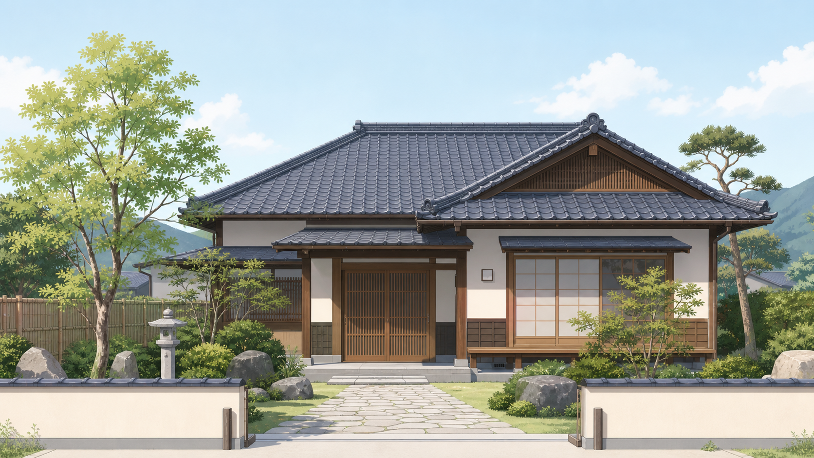 空き家の外観を柔らかいトーンで描いたフラットイラスト