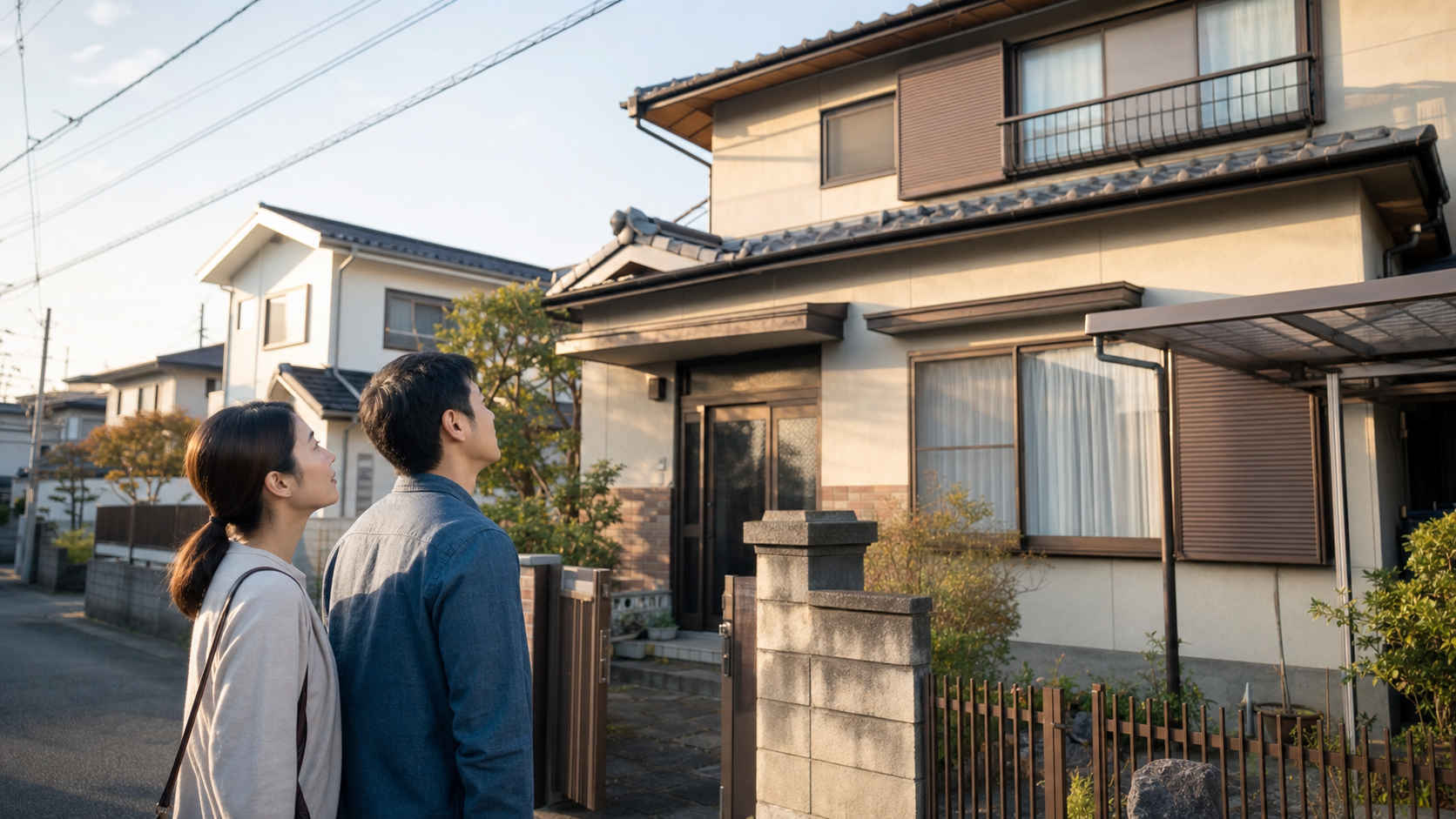 朝の光の中、購入予定の中古住宅を見上げる夫婦のイメージ