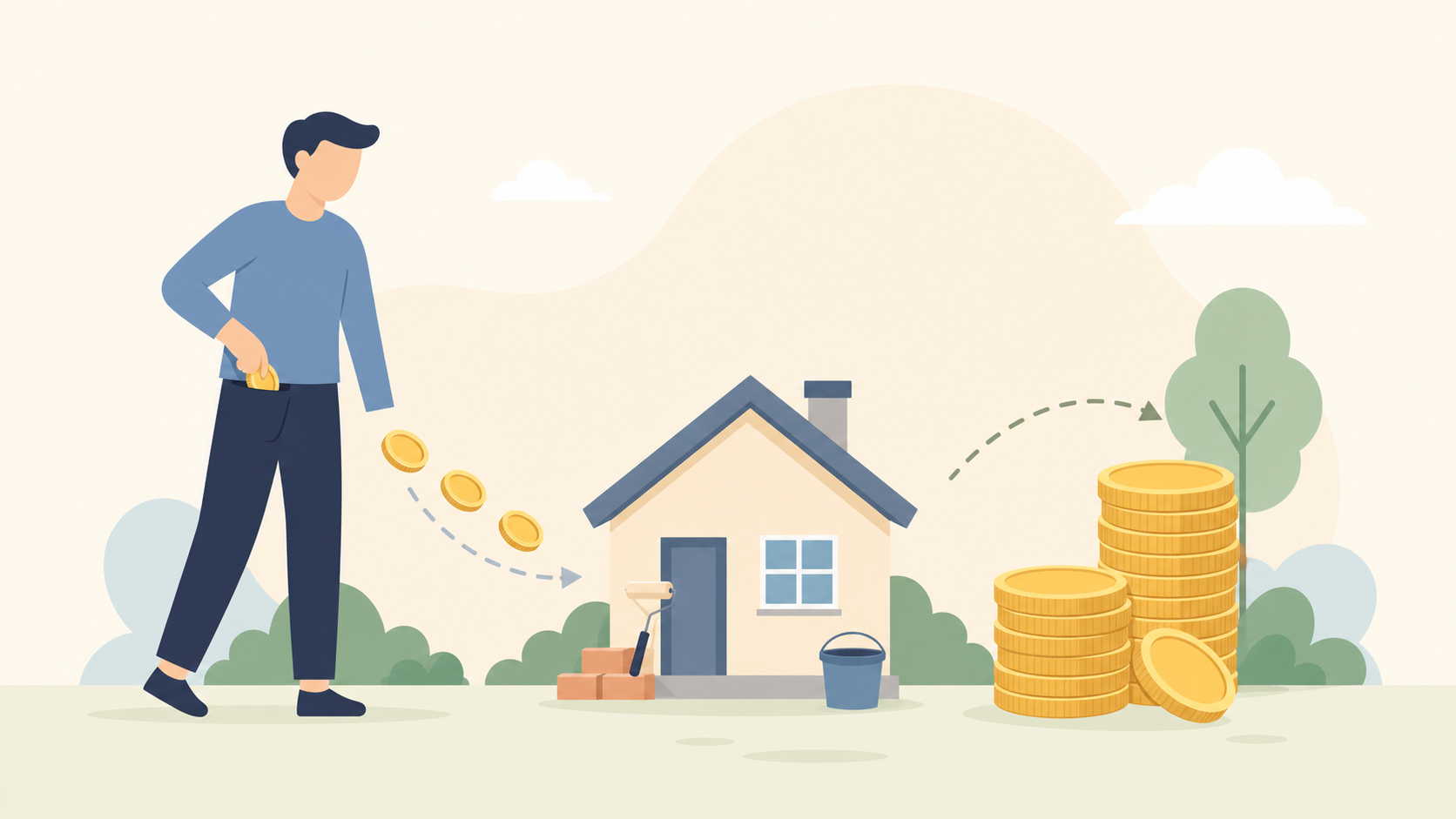 不動産売却で代金受け取り前に自己資金の持ち出しが発生する様子を表すイラスト