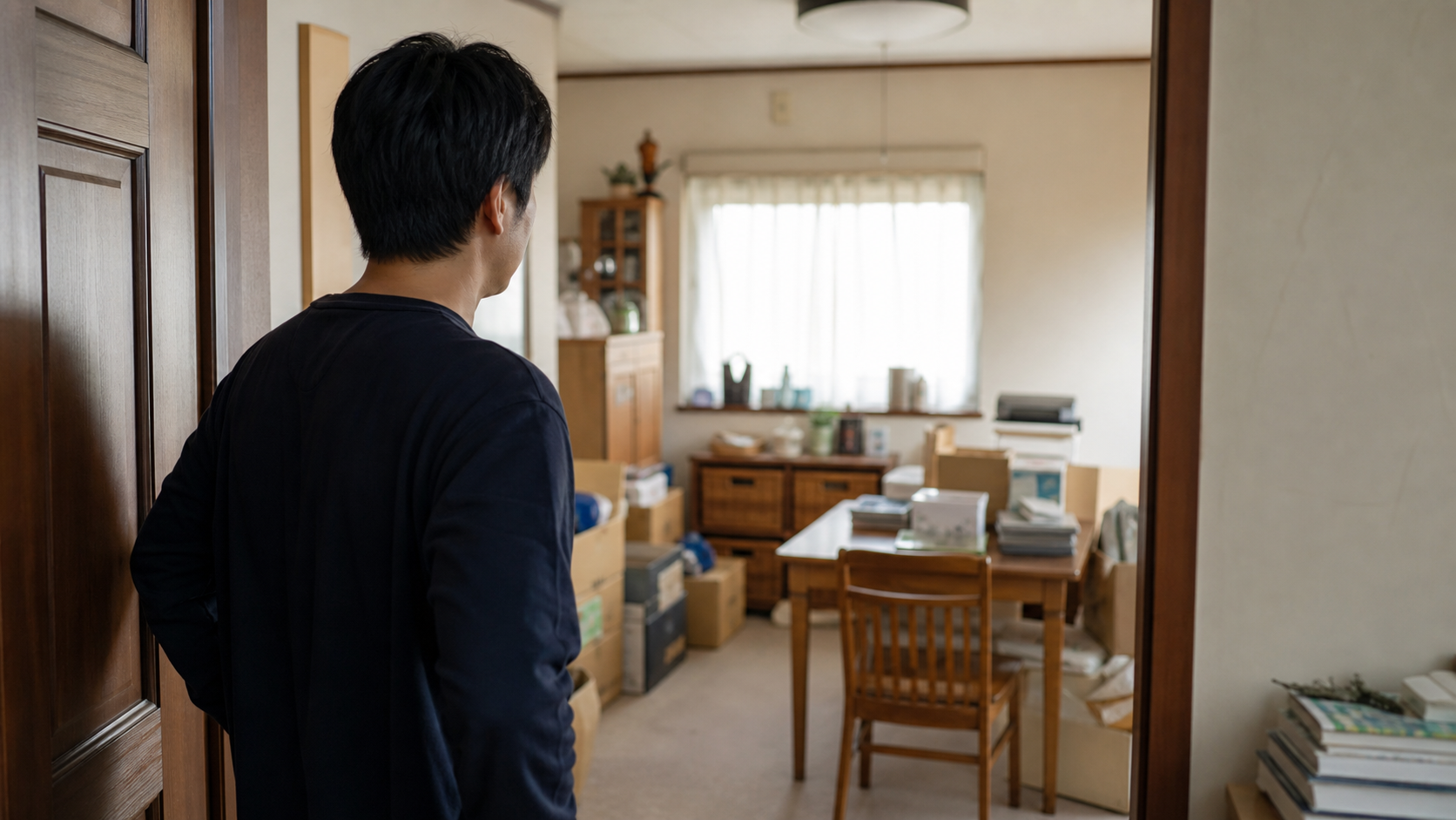 荷物が残ったままの部屋を見て困っている人のイメージ