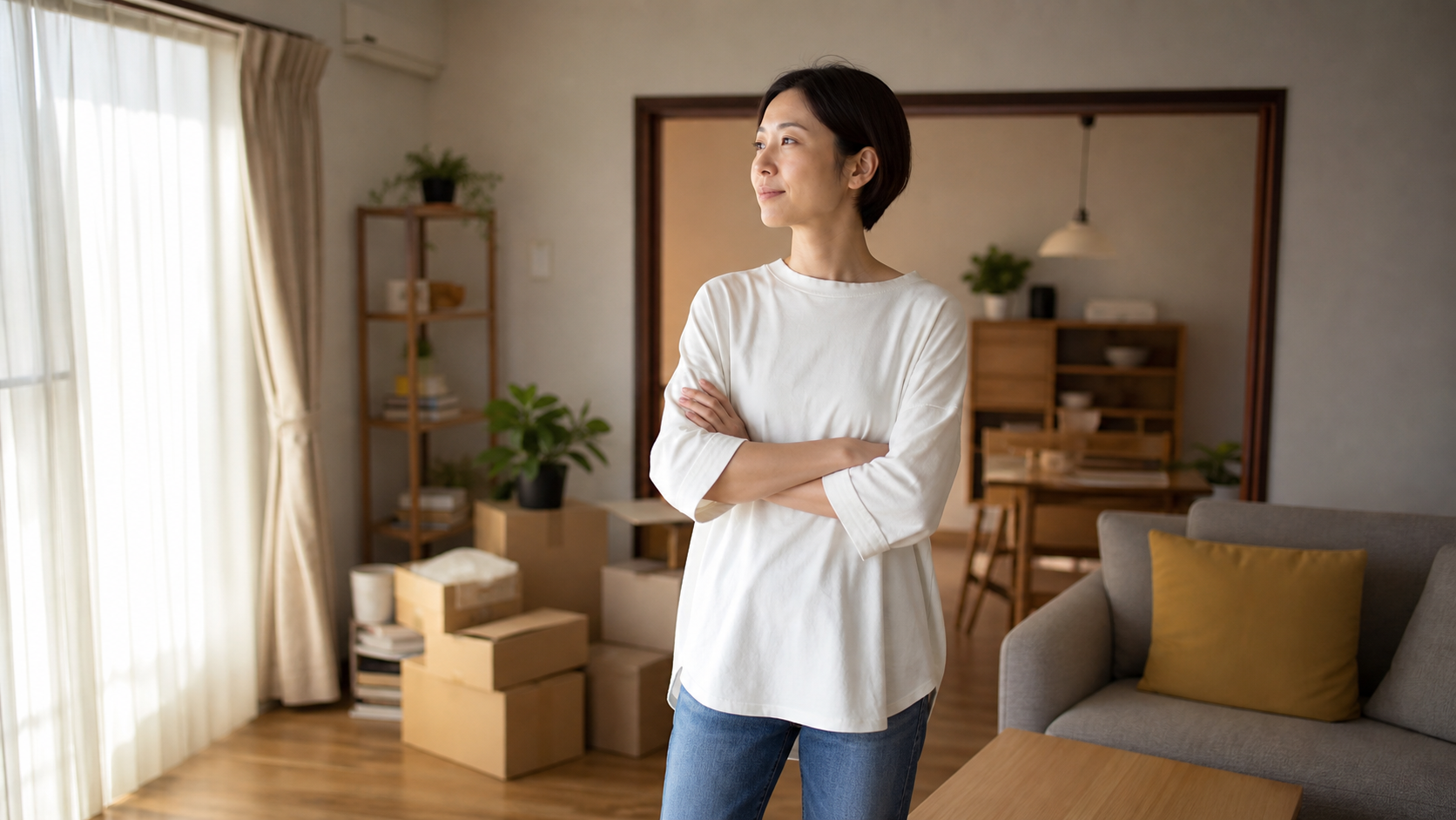 家具や荷物が残る部屋で売却について考える人のイメージ