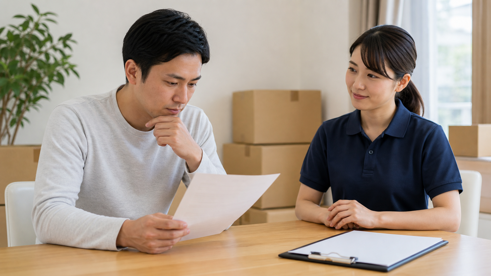 遺品整理業者の見積もり内容を確認しながら相談するイメージ