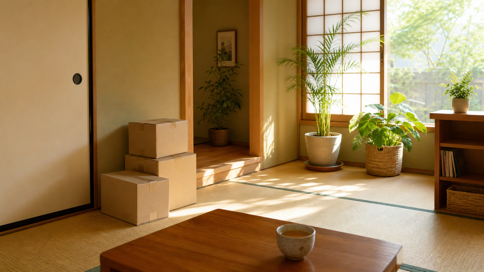 遺品整理が進み明るくなった部屋で一息つくイメージ