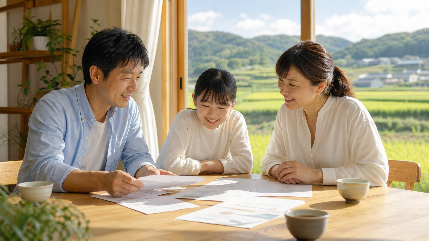 田舎の家の今後について前向きに話し合う家族のイメージ