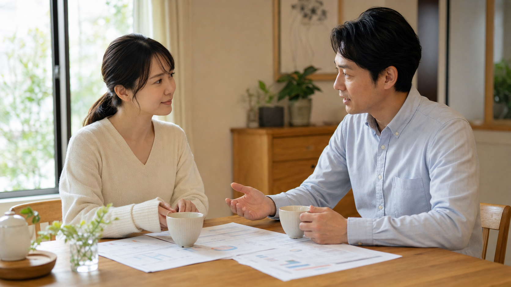 実家の今後について落ち着いて考える家族のイメージ