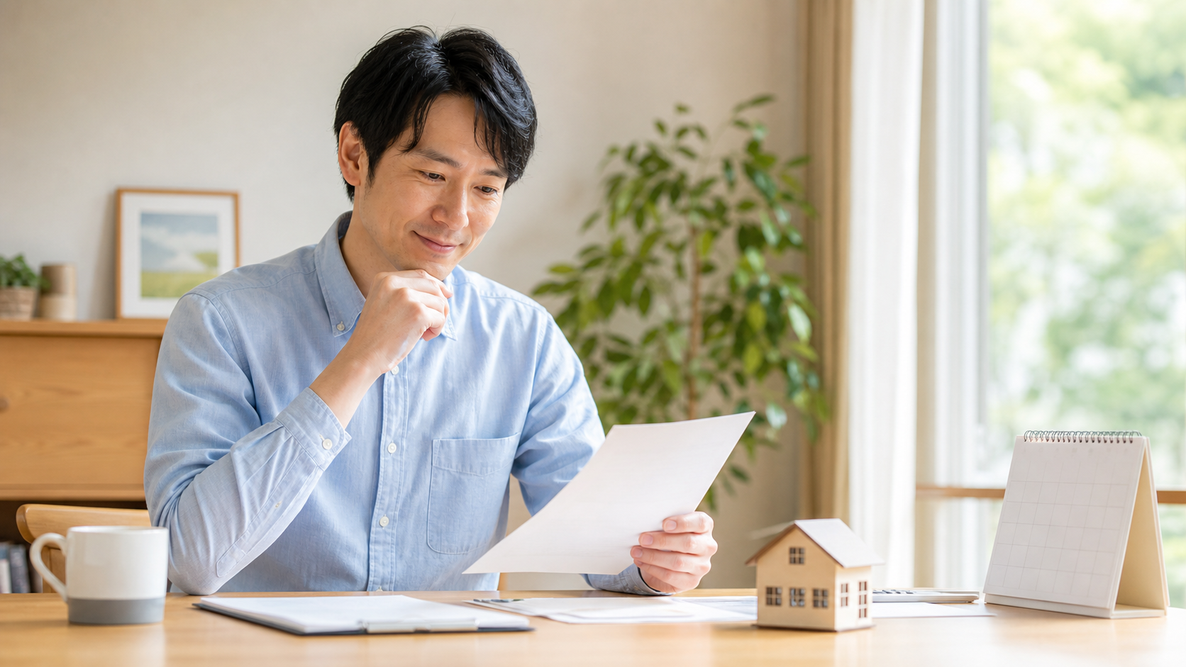 実家をいつ売却するか、書類を前に落ち着いて考える人のイメージ