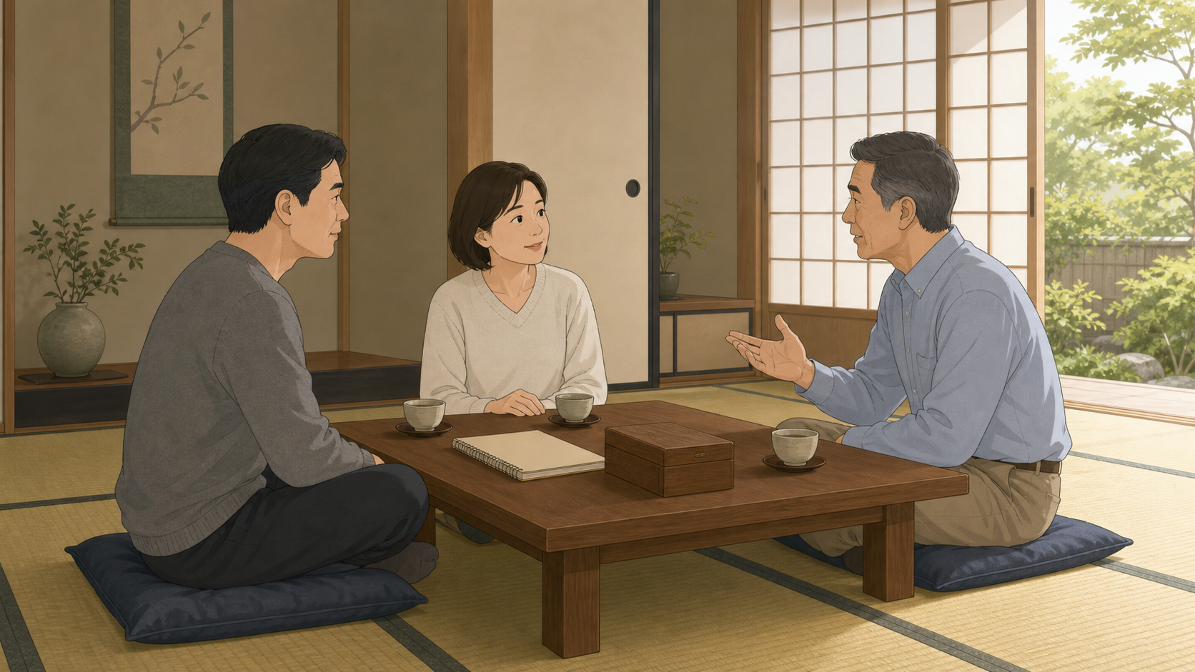 実家じまいの進め方を家族で落ち着いて相談するイメージ