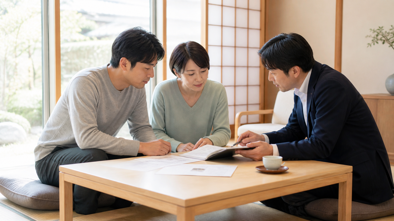 実家の今後について家族が落ち着いて話し合うイメージ