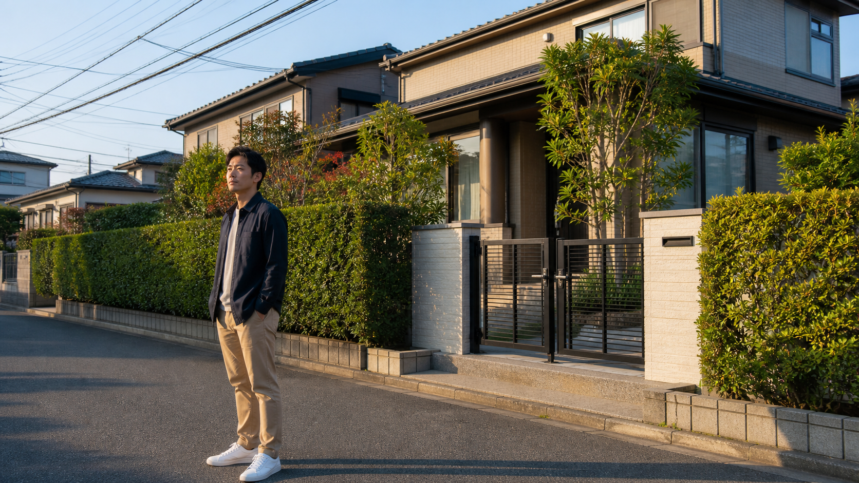朝の光のなかで実家の前に立ち、これからを考える人のイメージ