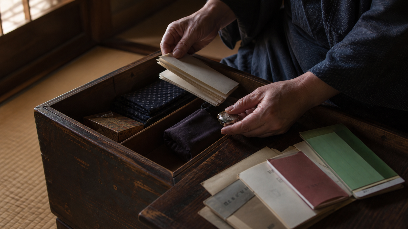 実家の片付けで書類や貴重品を確認しながら仕分けるイメージ