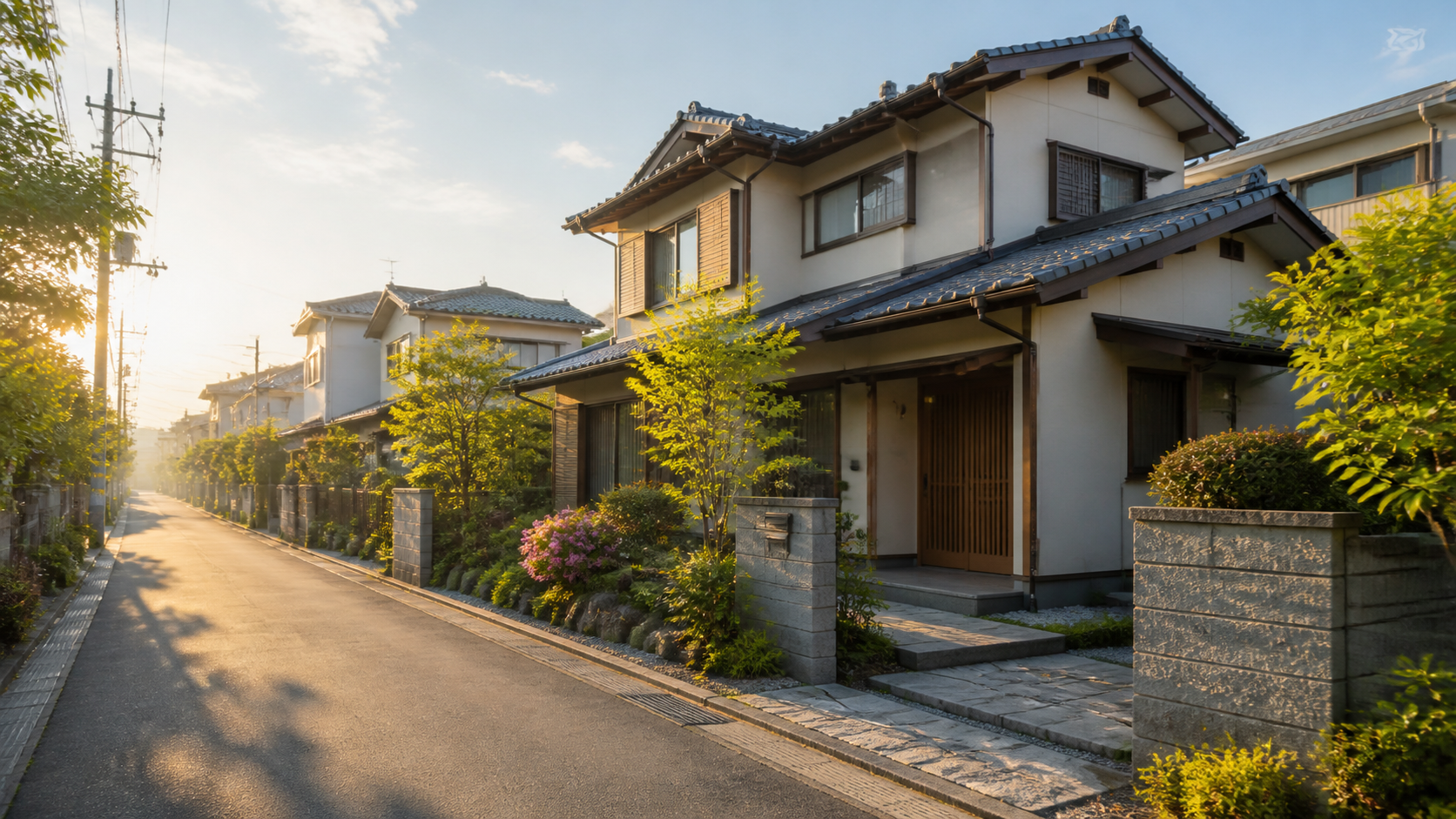 実家じまいを考える朝の住宅街と一軒家のイメージ