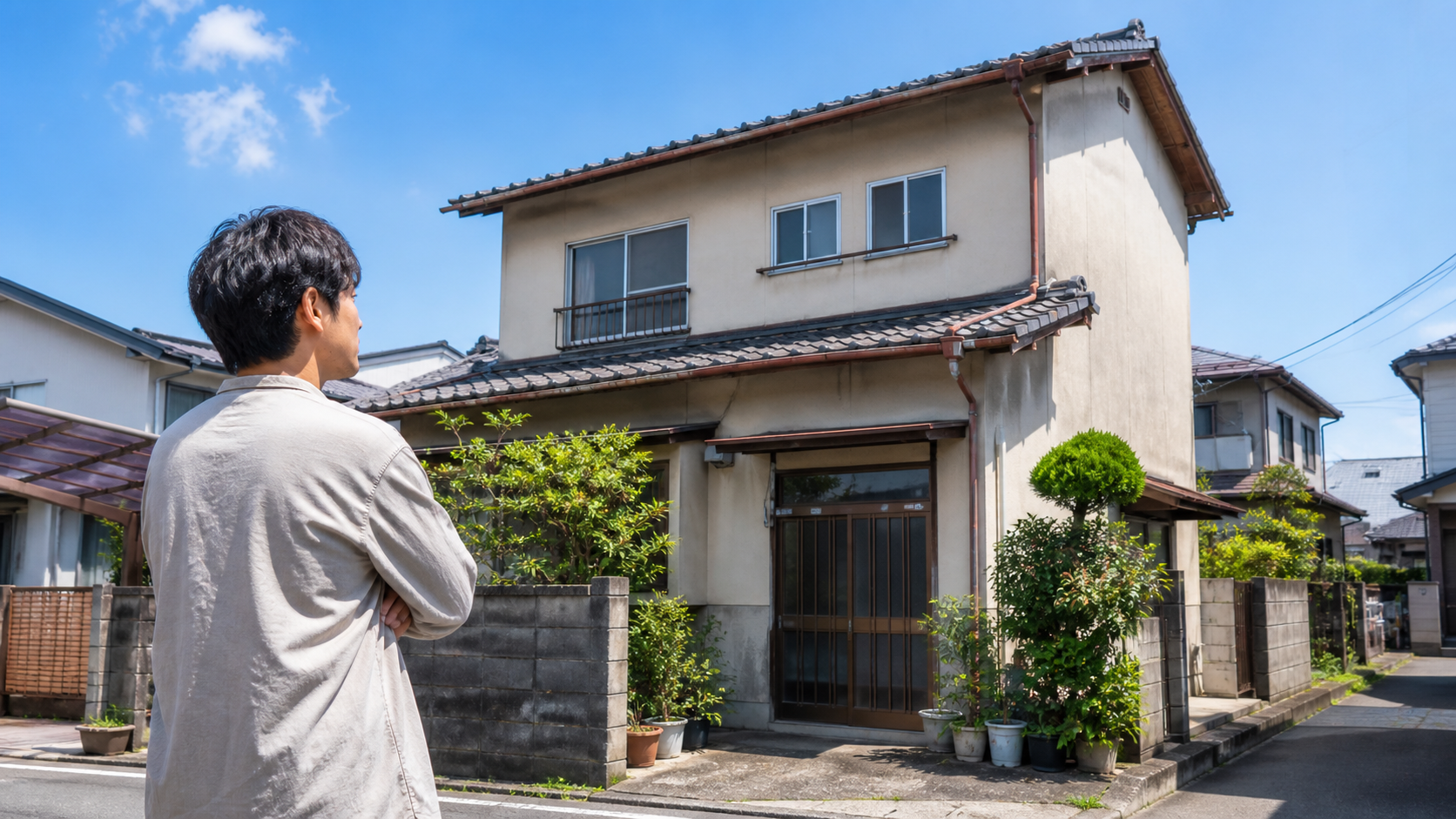 相続した実家の前でこれからの進め方を考える人のイメージ