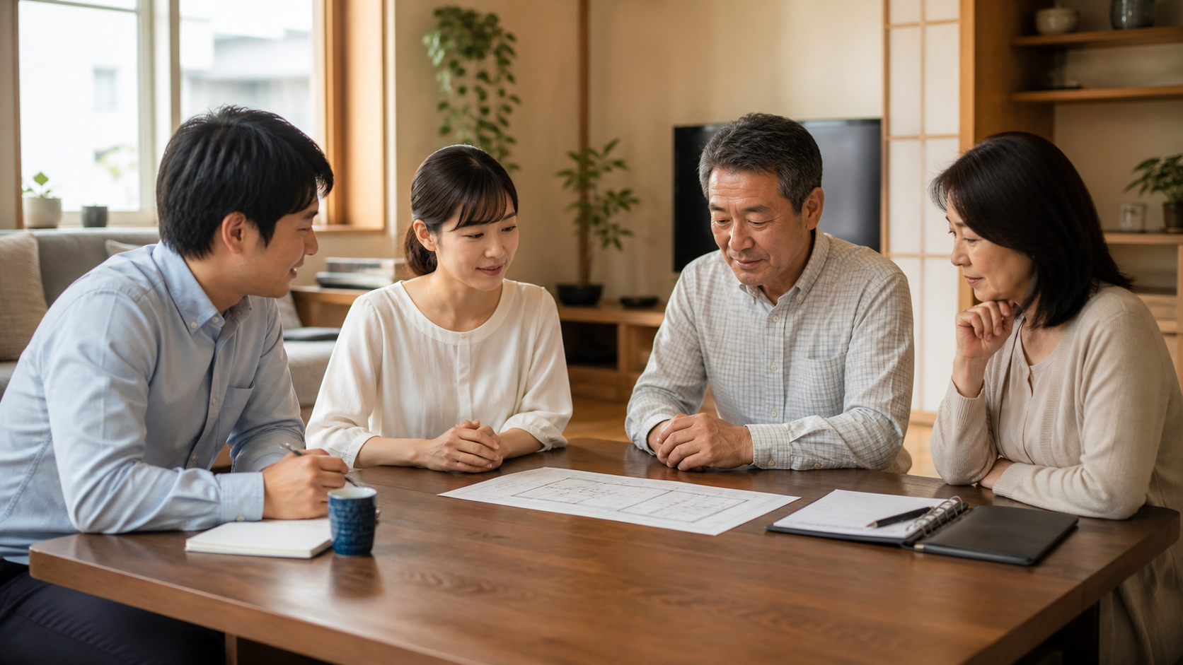 家族で実家の相続の方針を話し合うイメージ