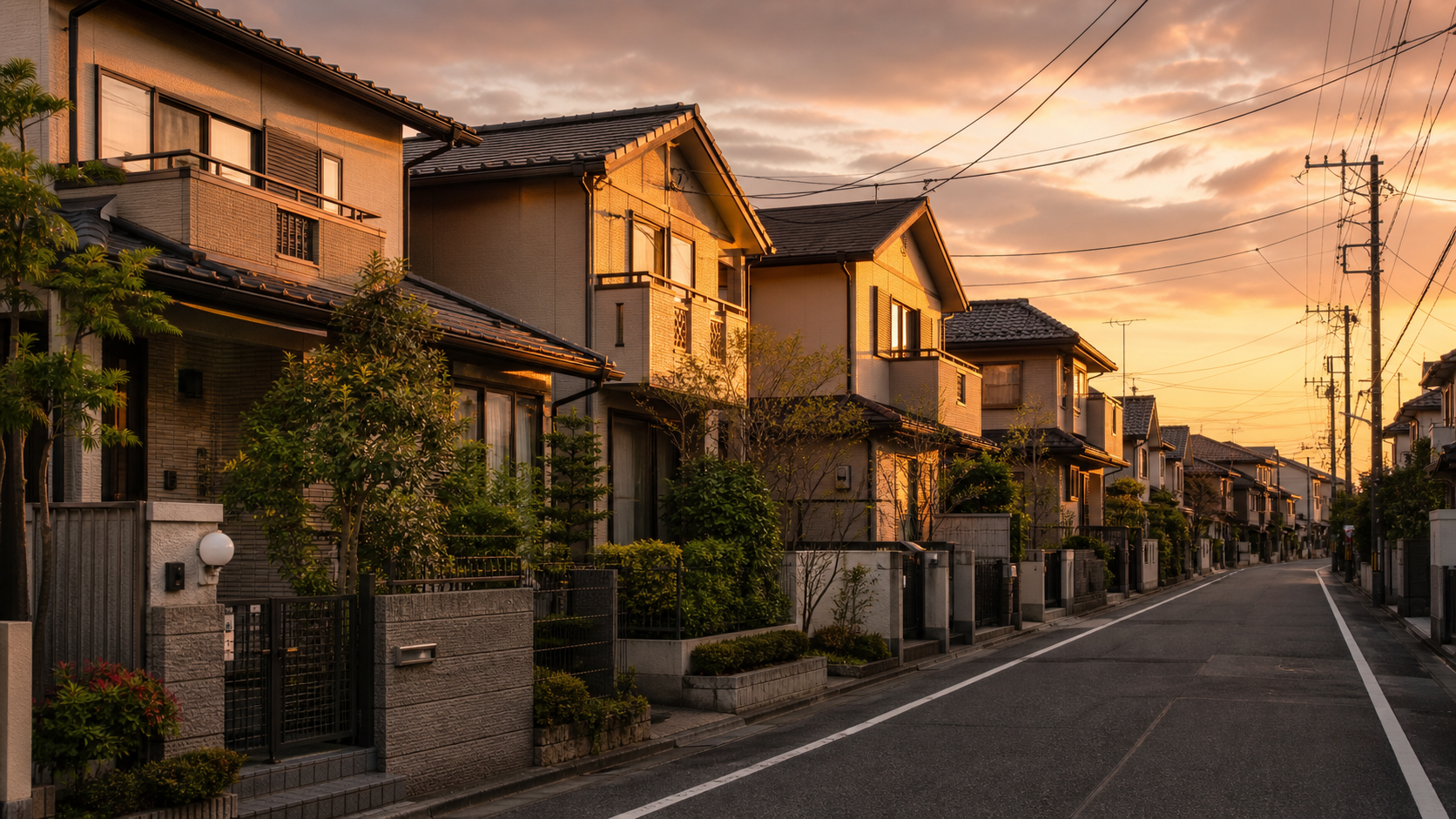 夕方の光に照らされる戸建て住宅街の風景