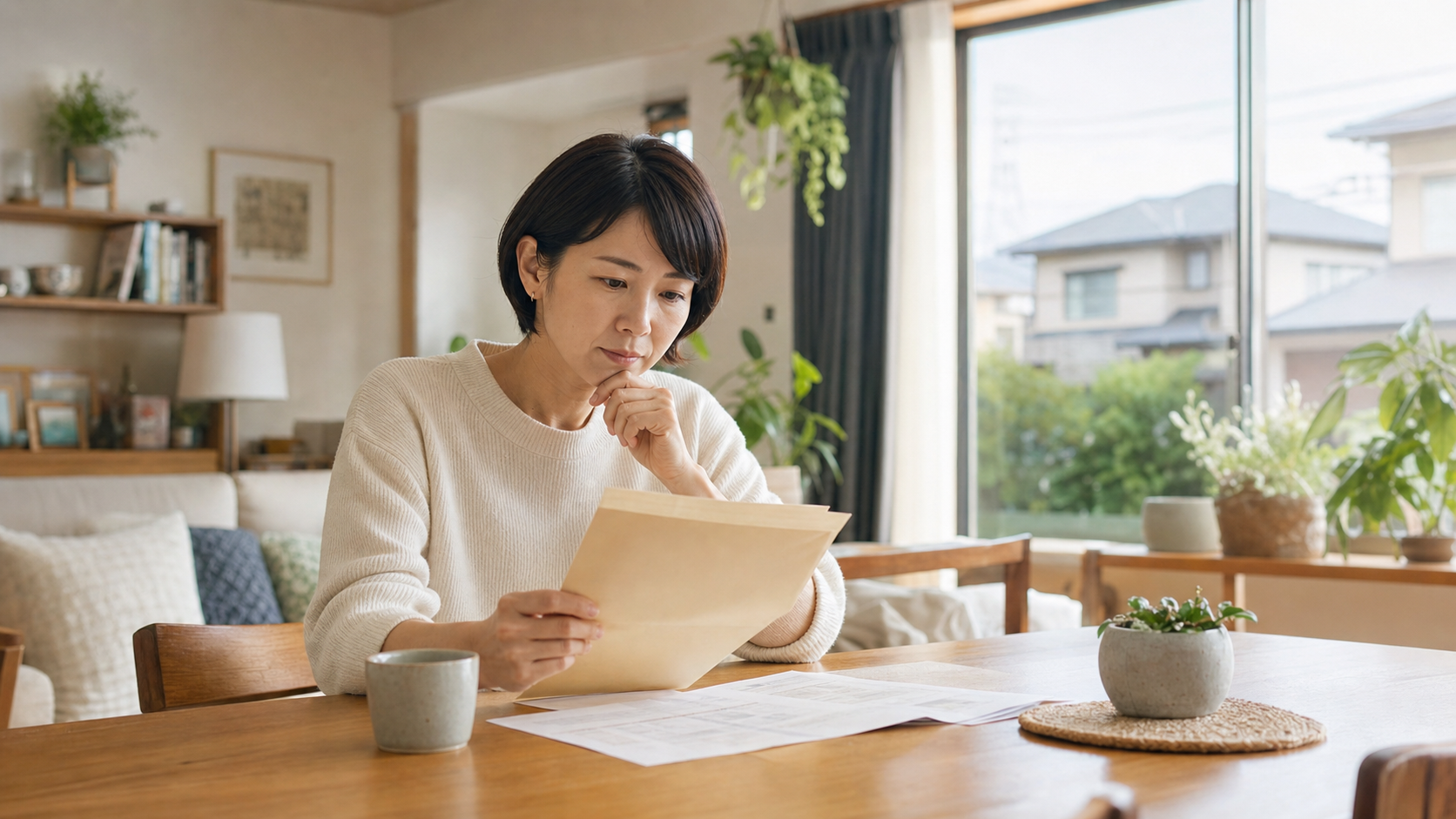 火災保険の更新案内を見て見直しを考える持ち家所有者のイメージ