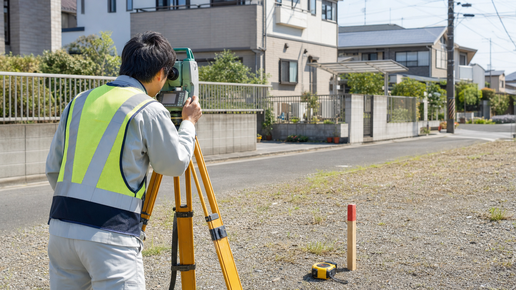 土地家屋調査士が住宅地の境界を測量している様子