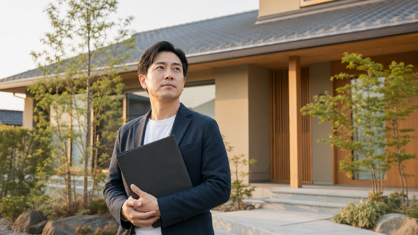 自宅の前でリースバックの契約内容について考える人のイメージ