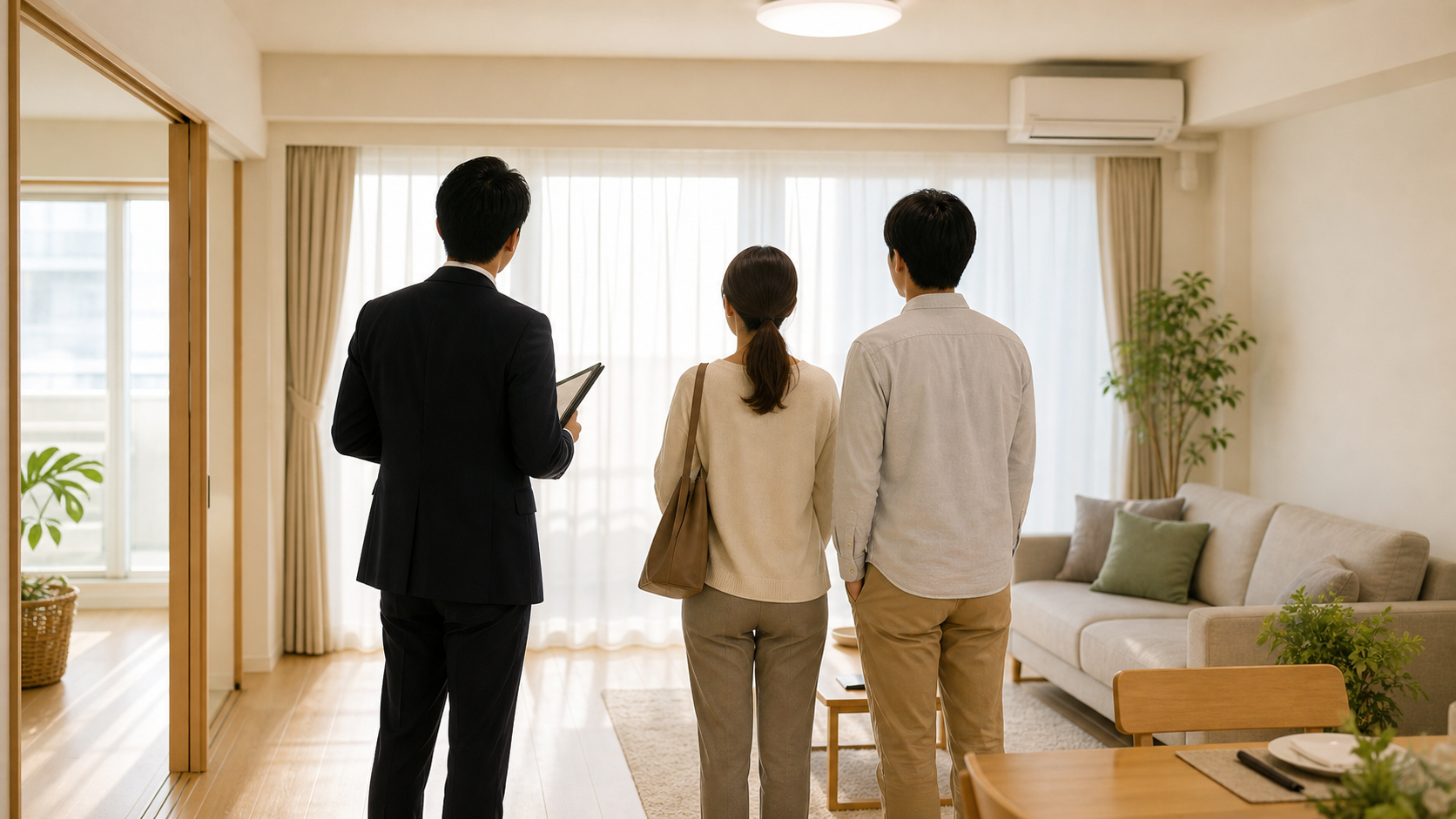 担当者の案内で買主がマンションの室内を内覧している様子