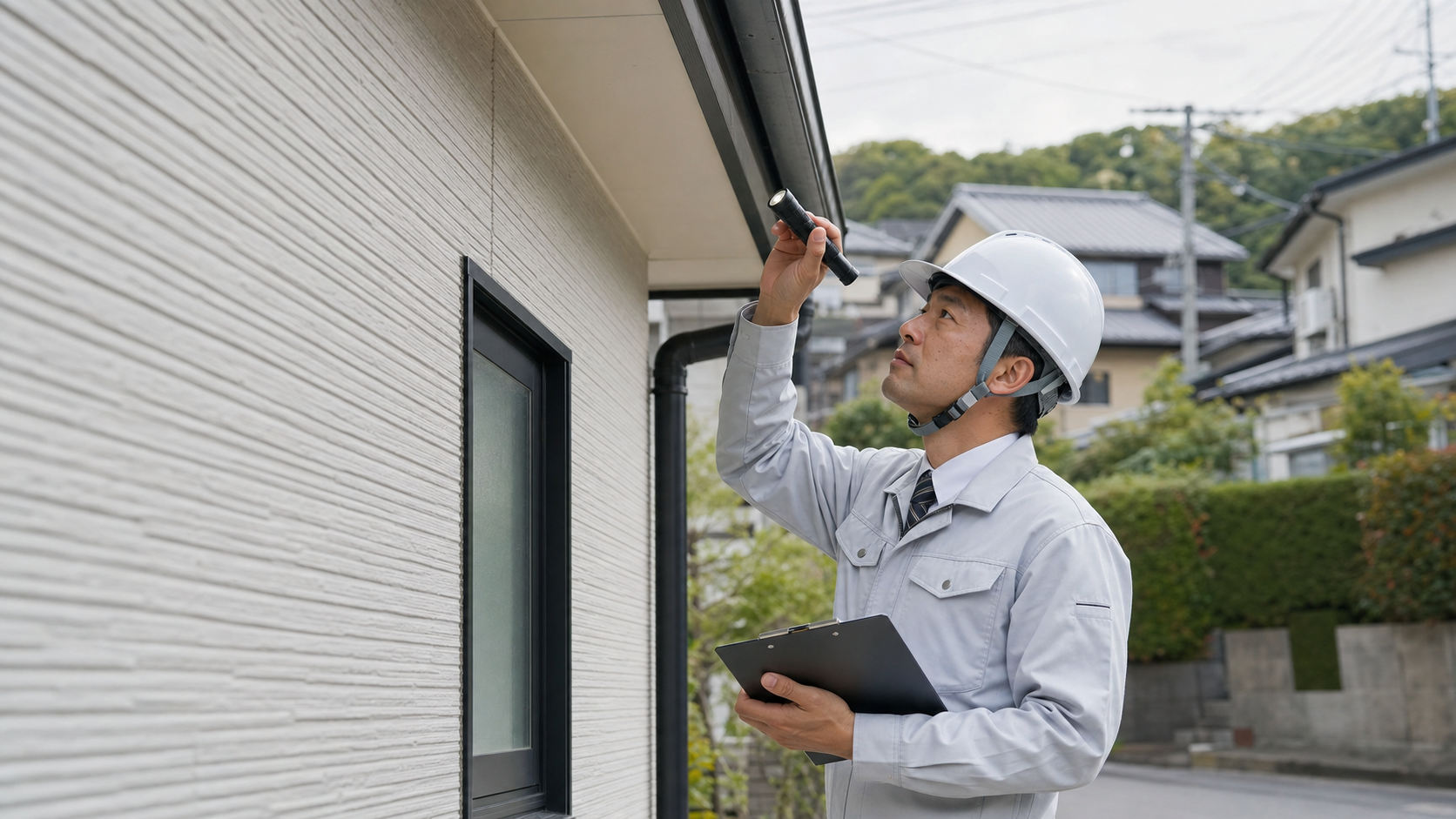 戸建て住宅の外壁や屋根を点検する検査員のイメージ