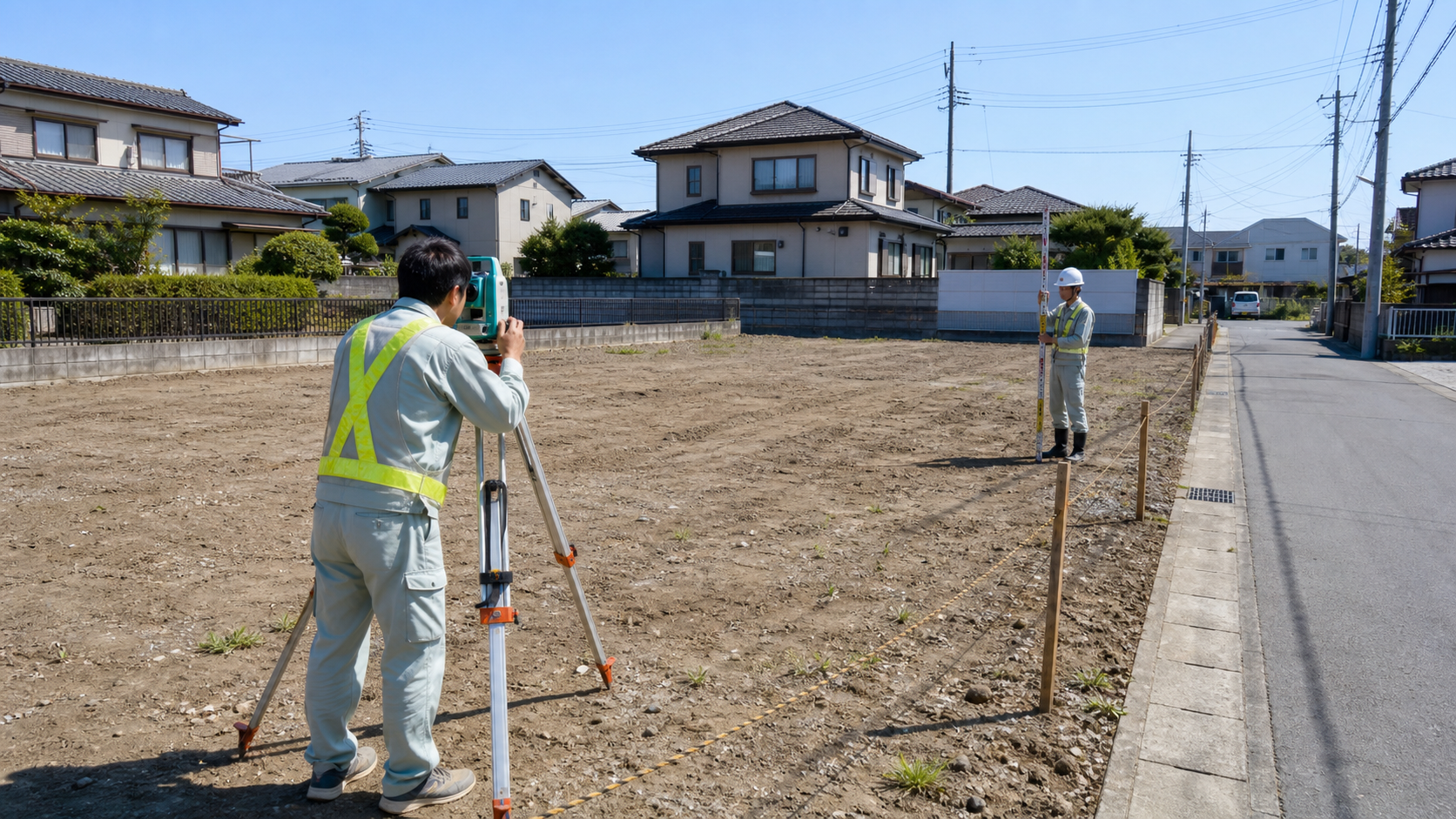 空き地で測量機器を使って土地を調査するスタッフのイメージ