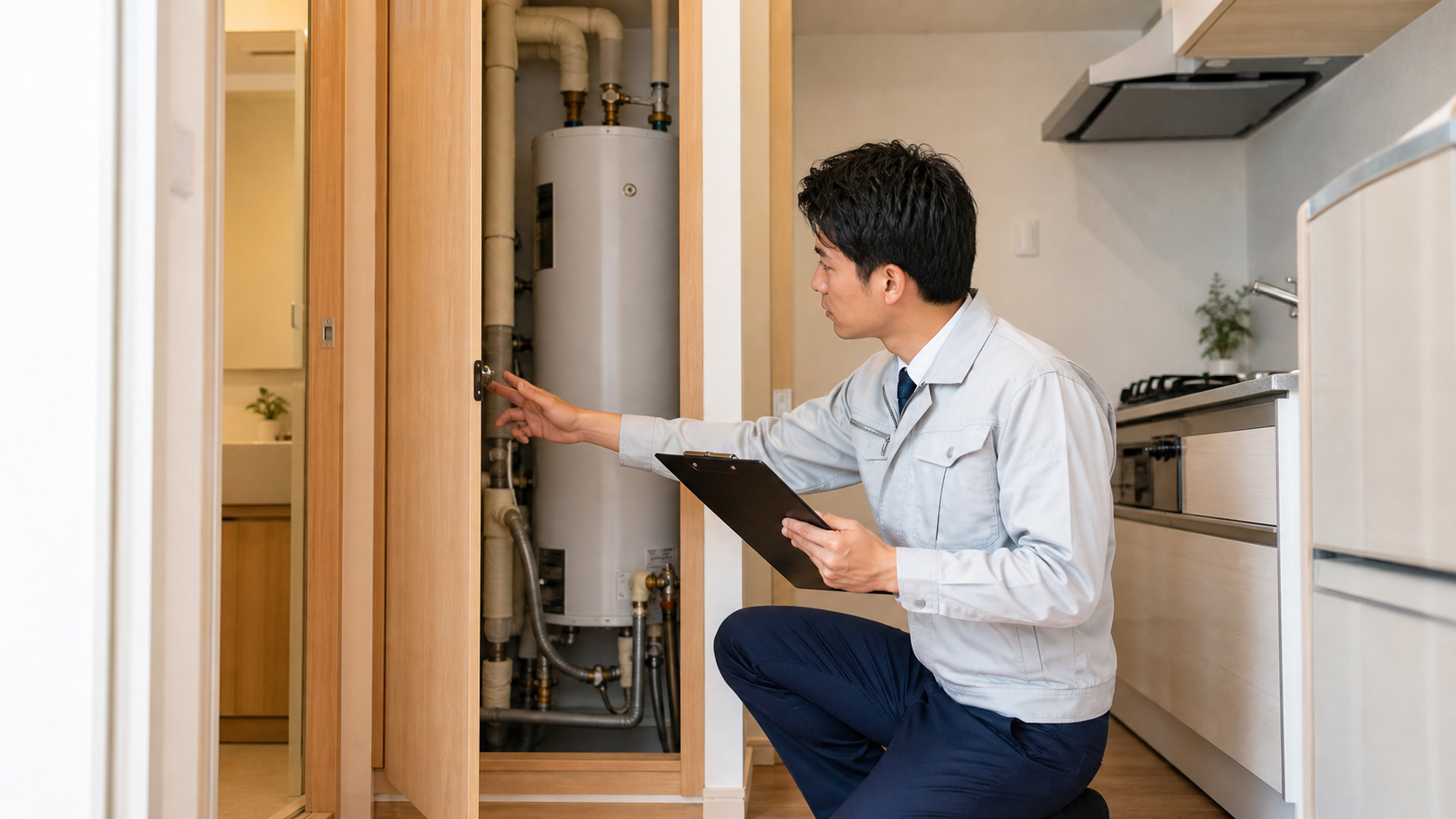 住宅設備保証の対象となる給湯器やキッチン設備を点検するイメージ