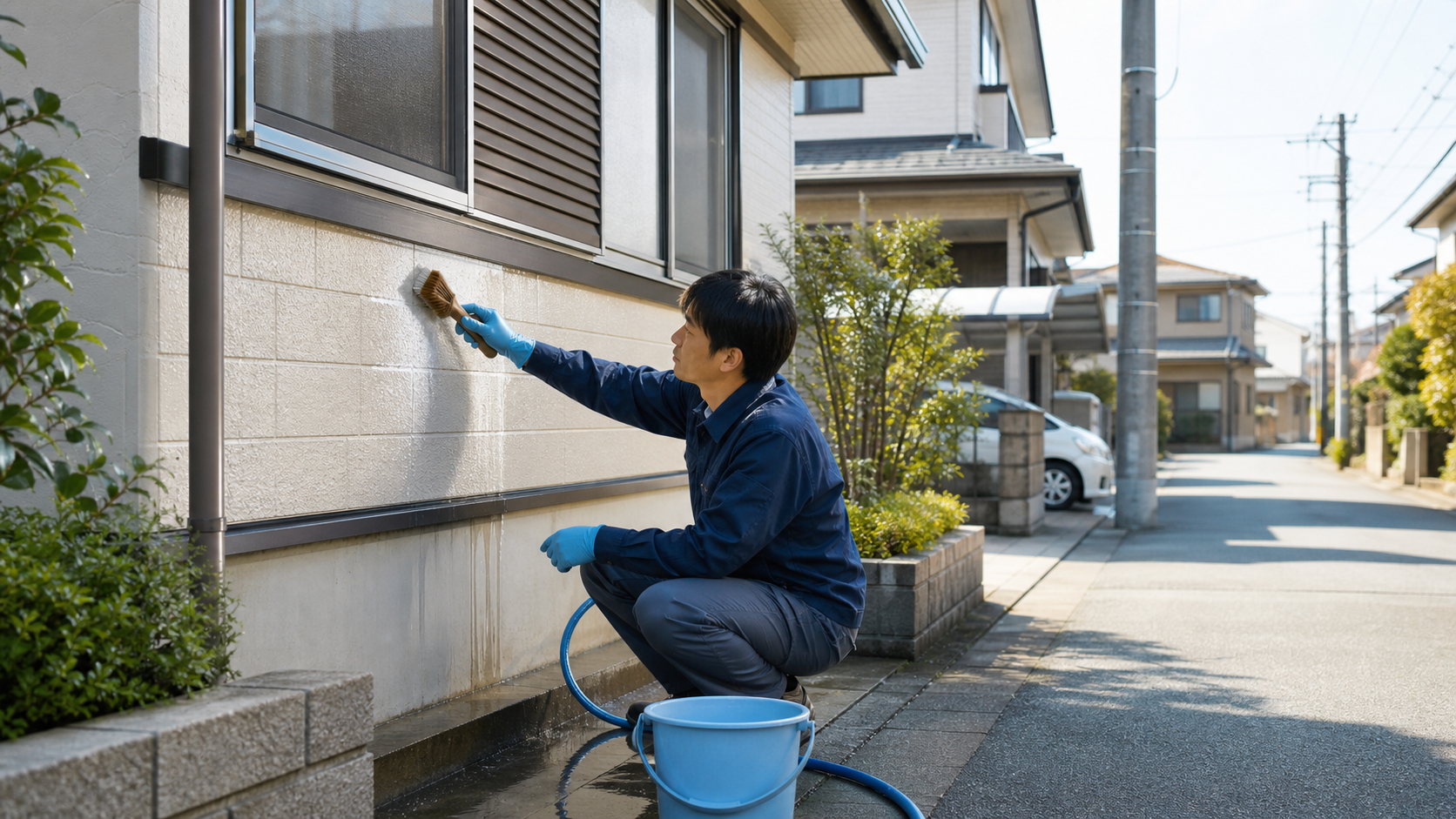 戸建住宅の外壁を手洗いで清掃するイメージ