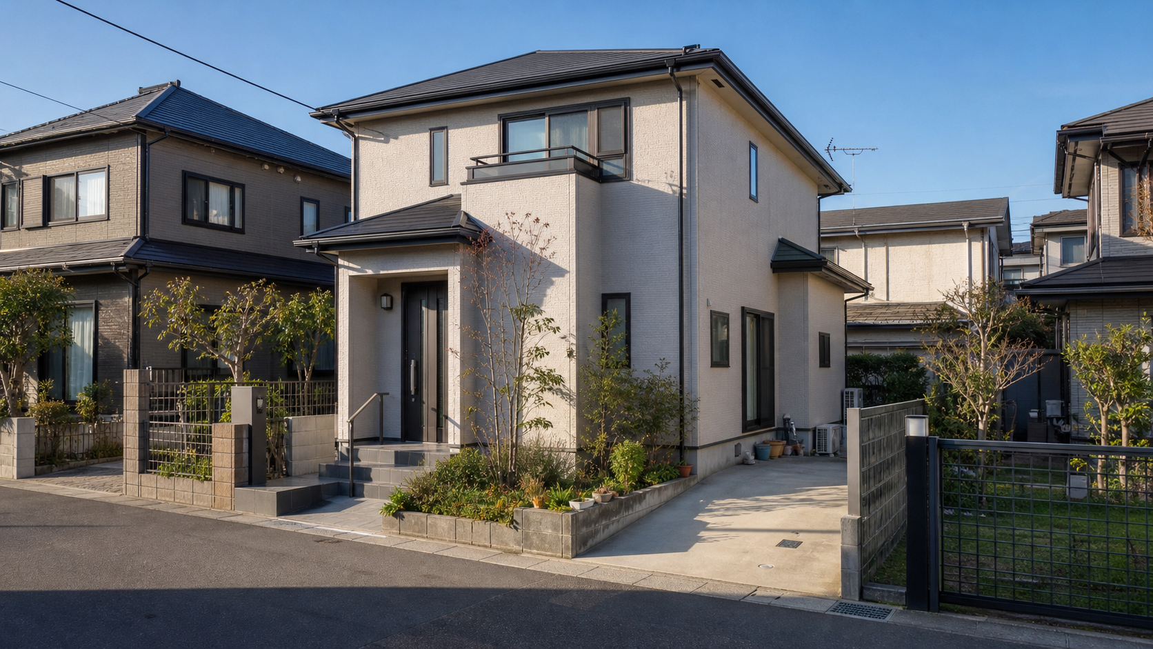 朝の光の中に佇む住宅街の一戸建ての外観