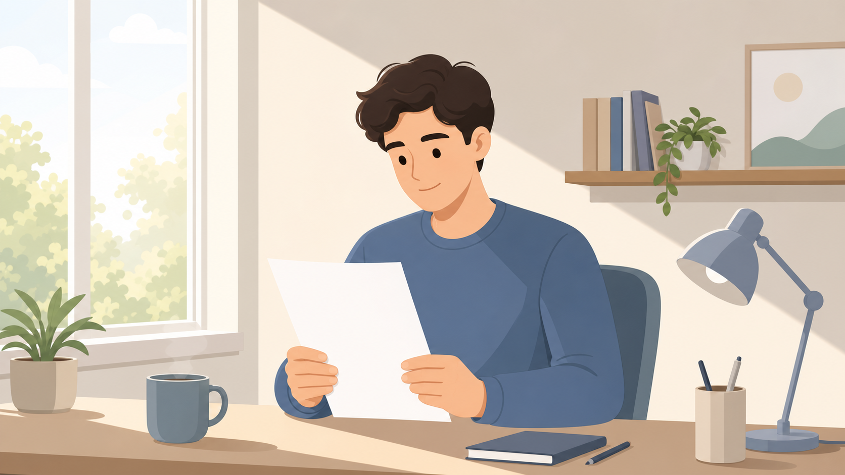 信用情報の書類を落ち着いて確認する人物のフラットイラスト