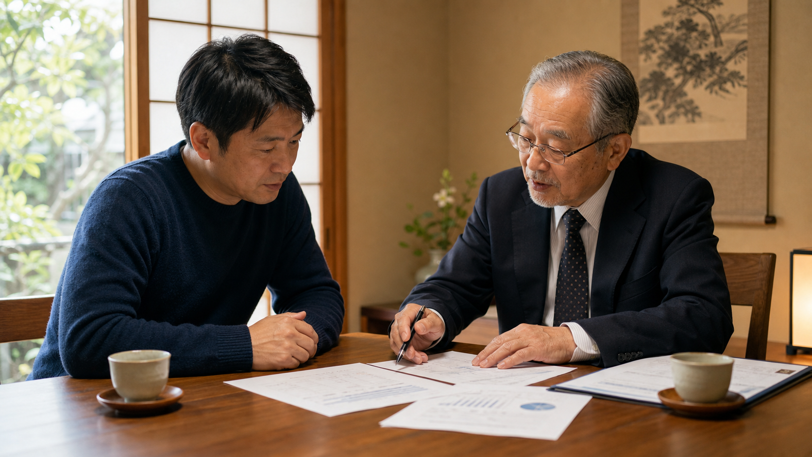 家族が専門家に相談しながら実家の今後を話し合うイメージ