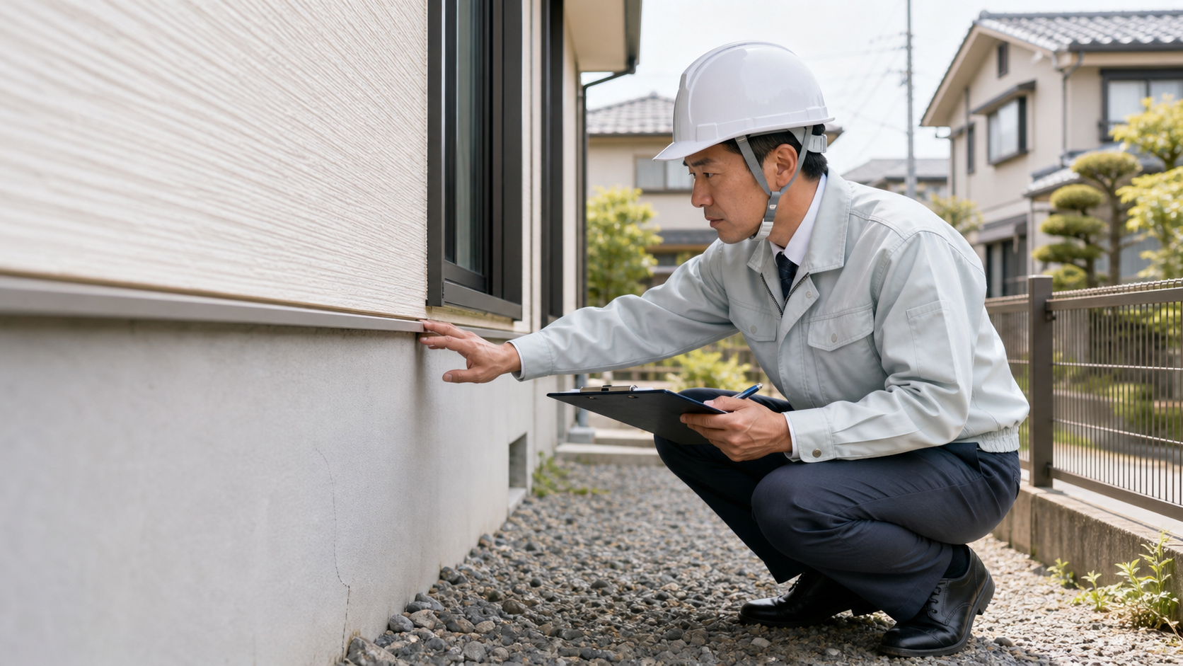 戸建住宅の建物検査と築年数別の保証期間を示すイメージ