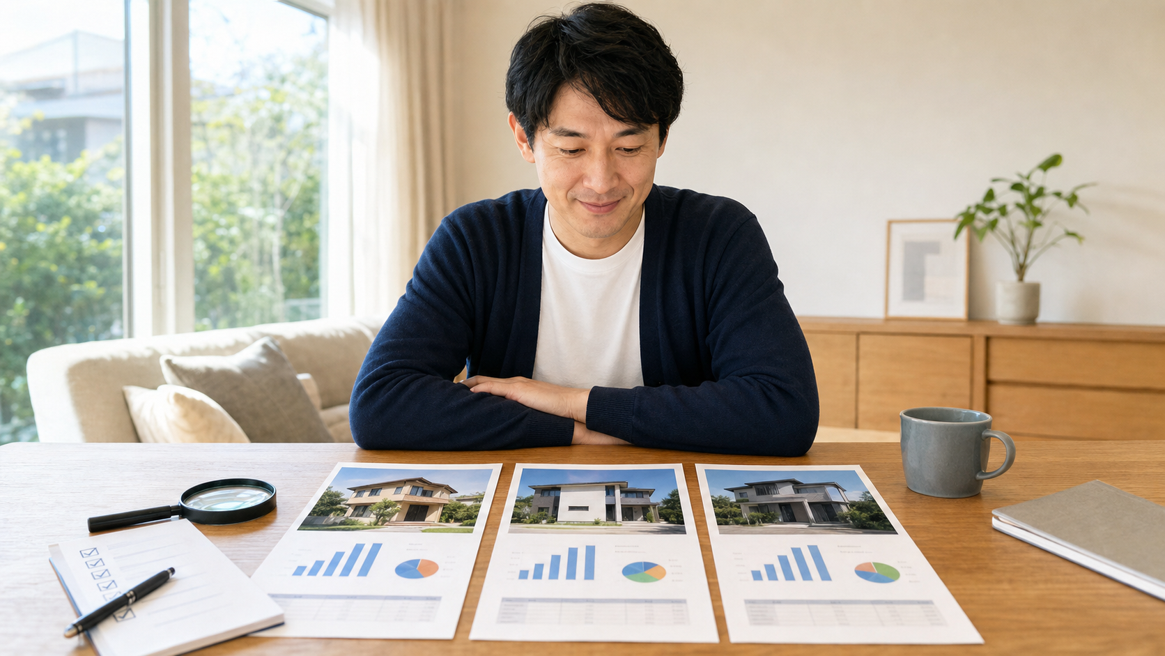 信託系3社へ同時査定を依頼し回答を見比べる人のイメージ