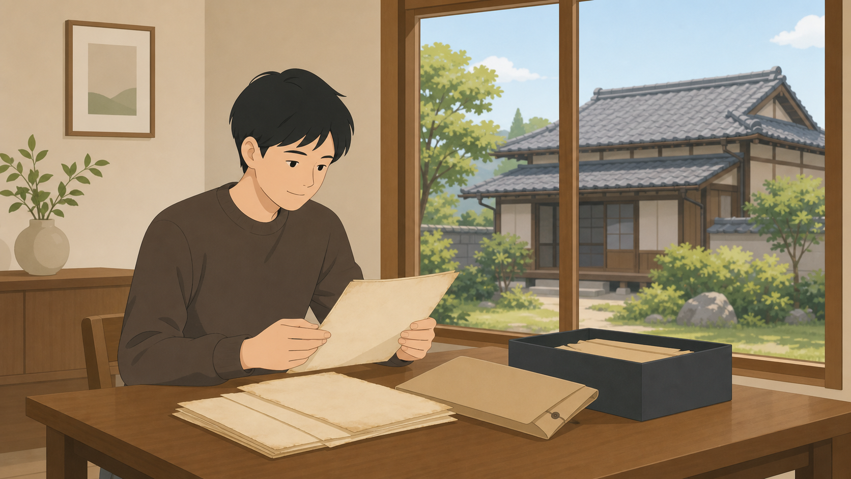 室内で古い書類を探す人物と、窓の外に見える住宅のイメージ