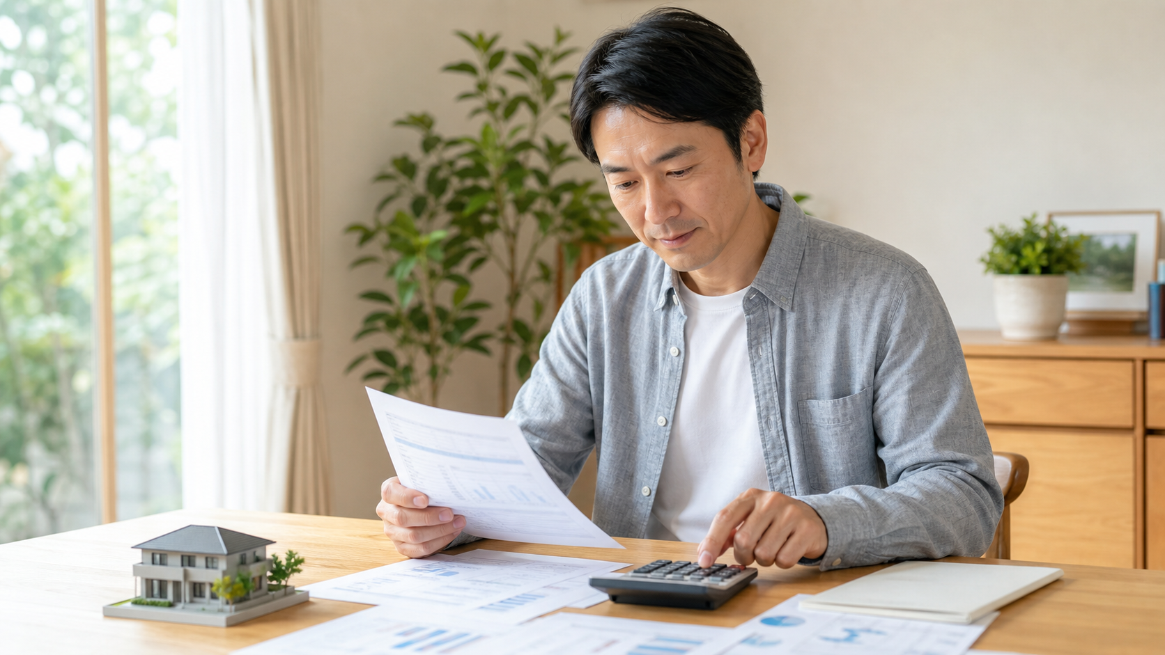 相続した実家の売却にかかる税金の書類を落ち着いて確認する人のイメージ