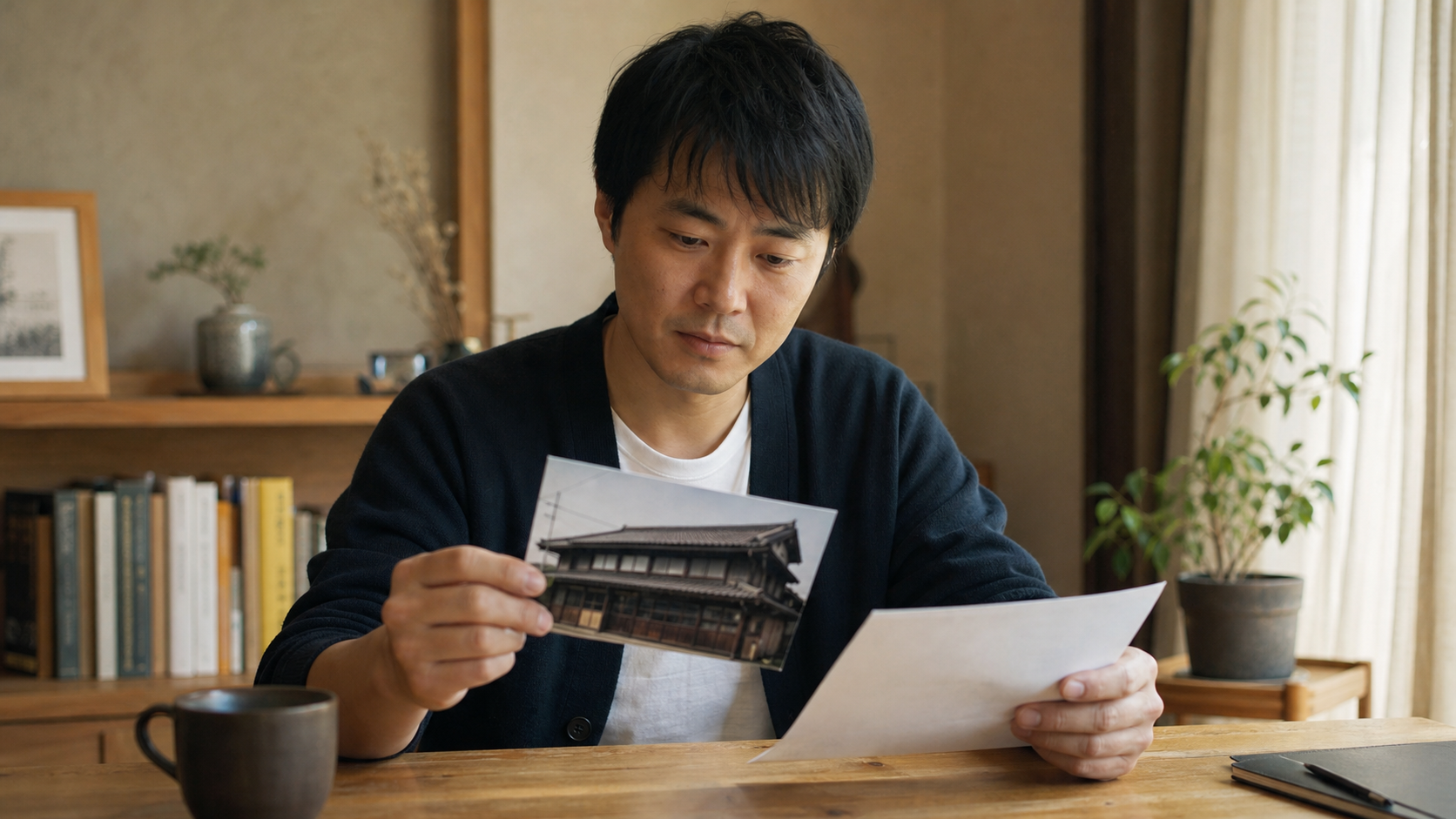 相続放棄をするかどうか実家の前で考え込む人のイメージ