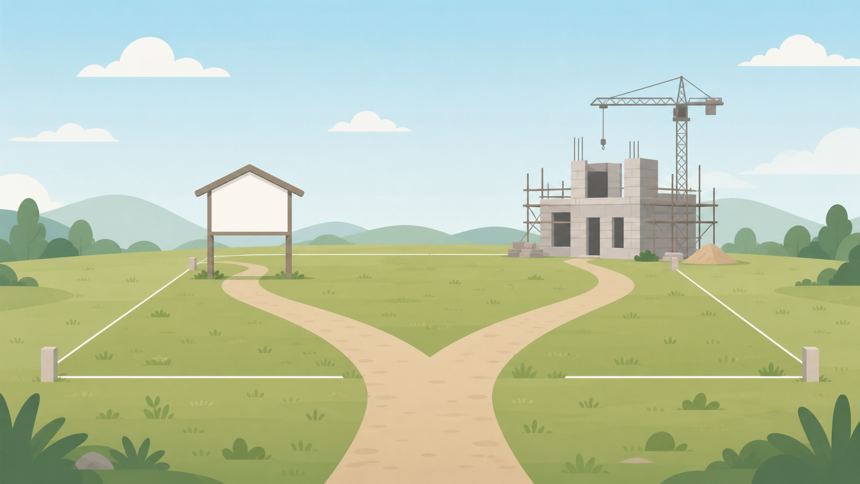 相続した土地の前で売却と活用の二つの道に分かれる様子のイラスト