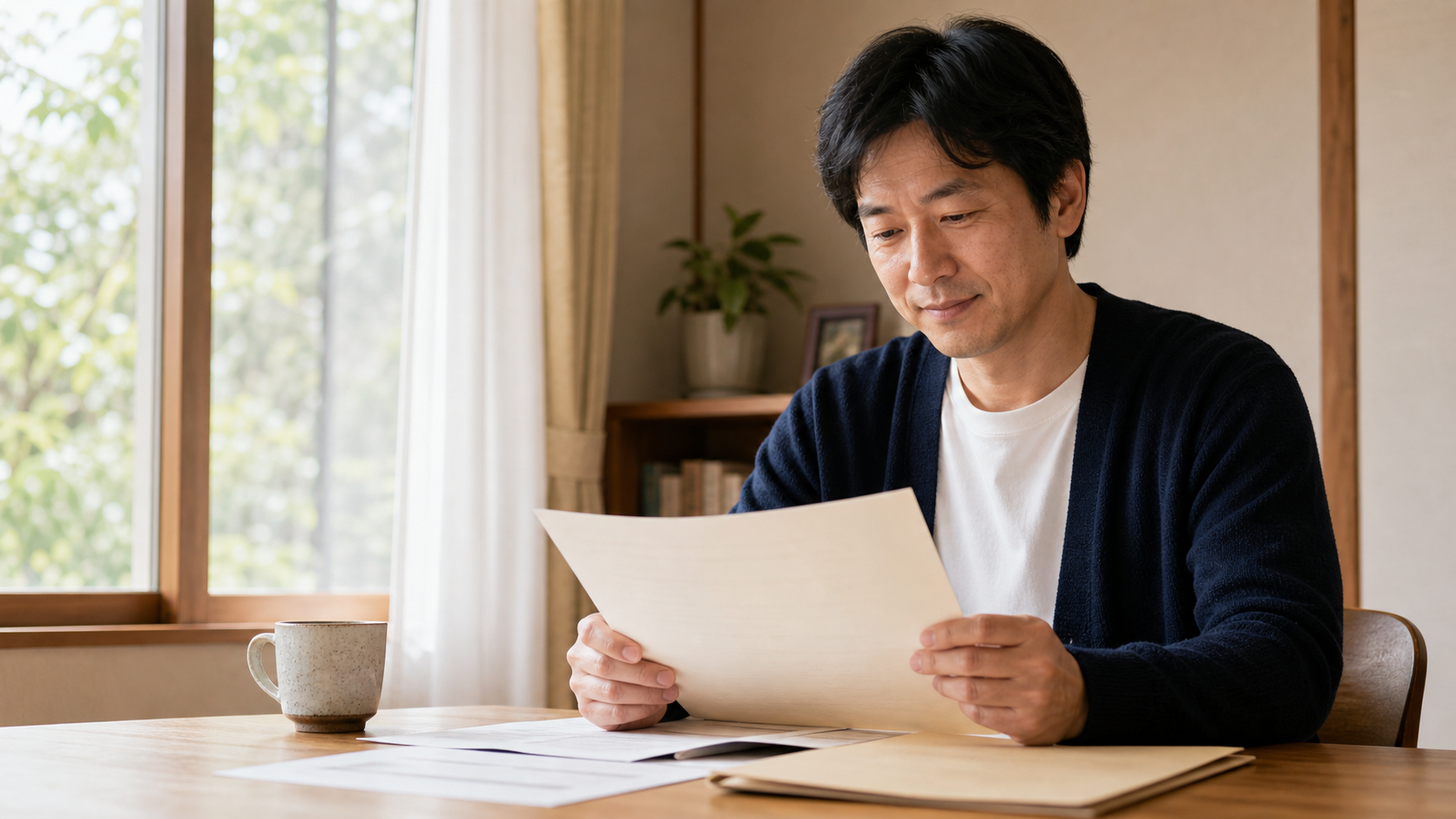 実家の相続書類を落ち着いて確認する人のイメージ