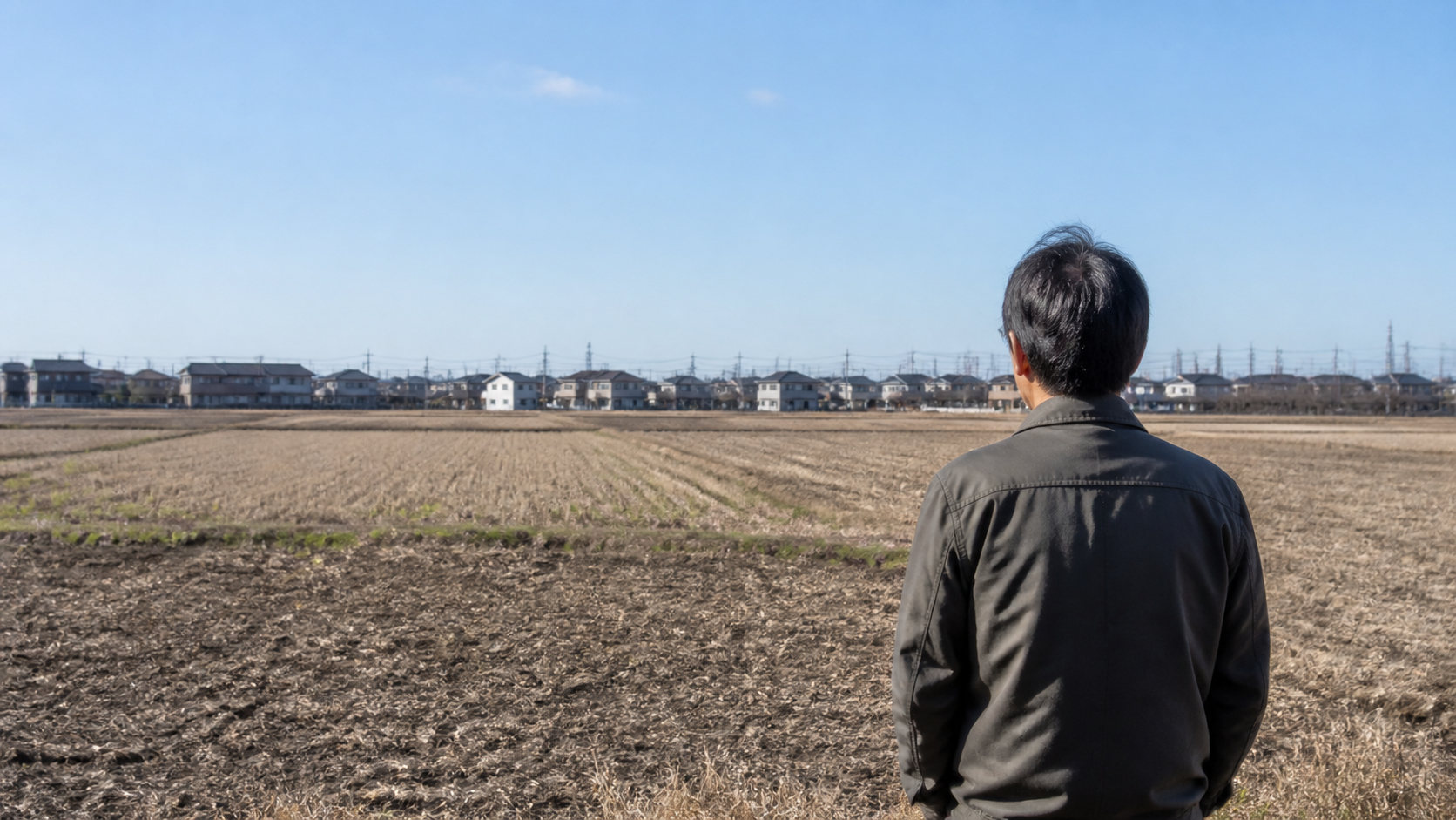 相続した農地の前に立ち、これからの進め方を考える人のイメージ