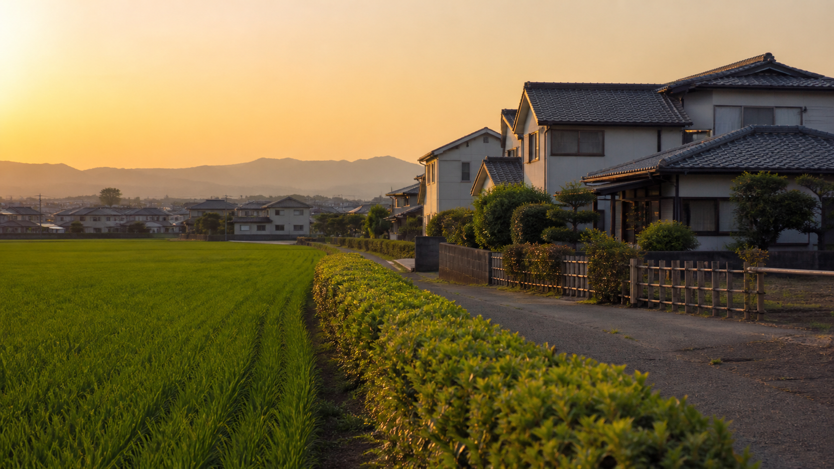農地と住宅地が隣り合う郊外の風景のイメージ