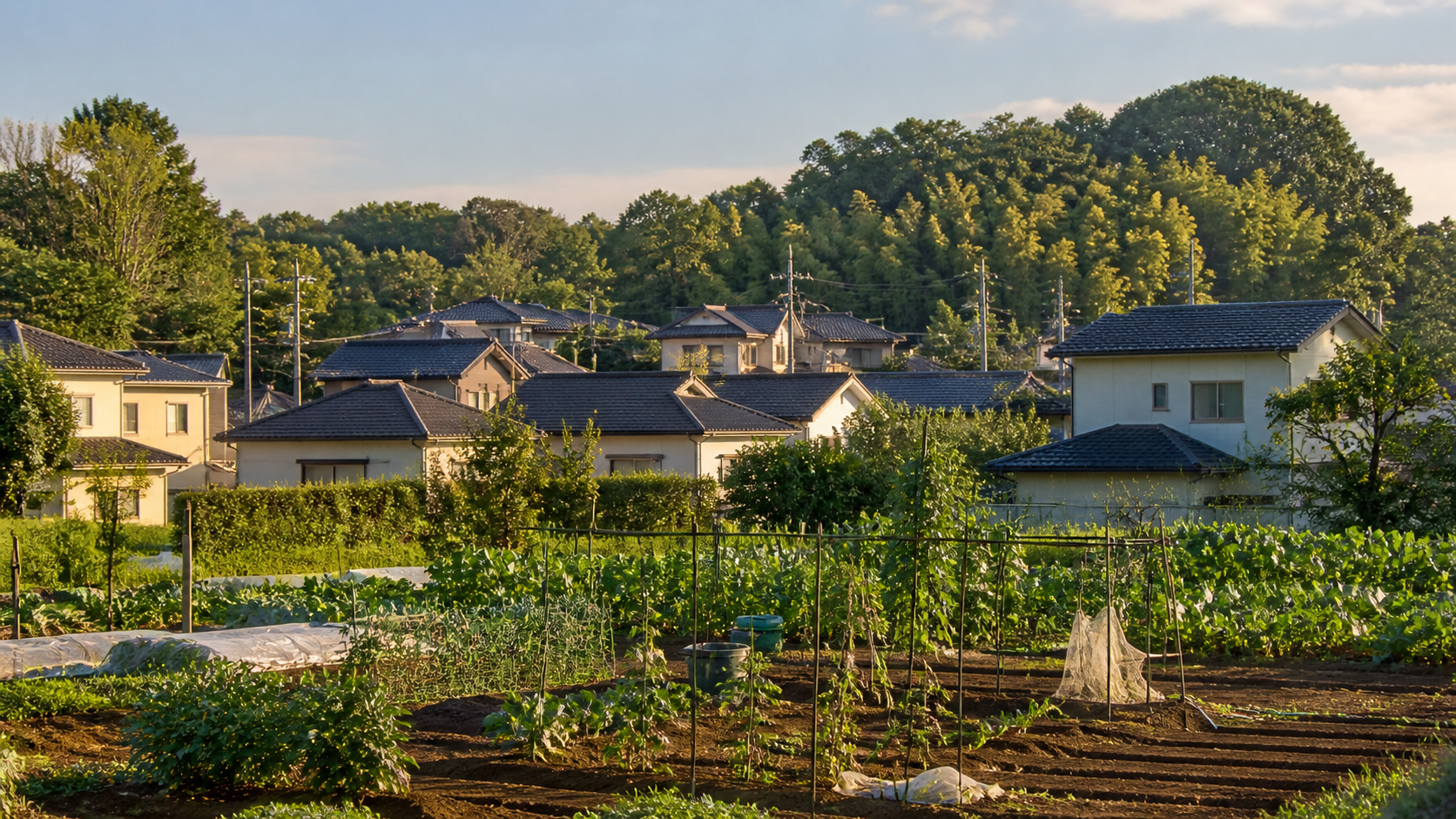 畑や緑と住宅が混在する郊外の暮らしの風景