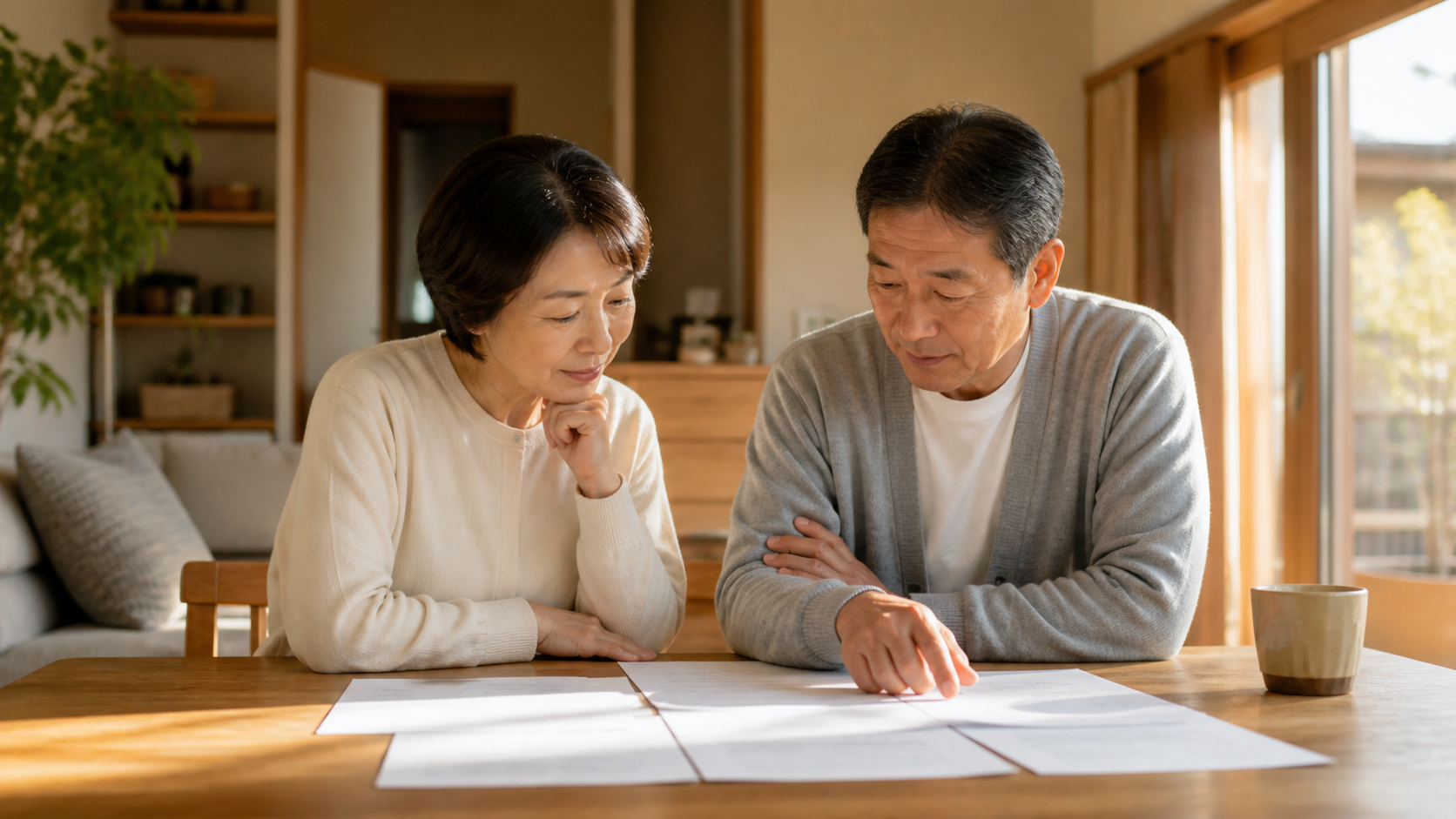 木の温もりのあるリビングで夫婦が書類を見ながら相談している様子