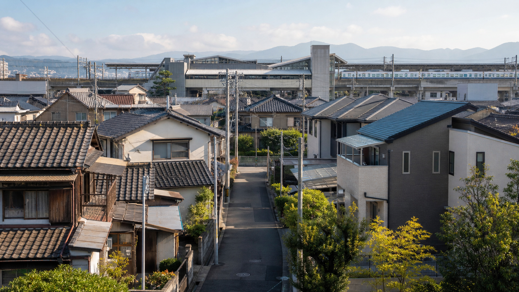 新旧の住宅が混在する住宅街と、遠くに見える鉄道の駅
