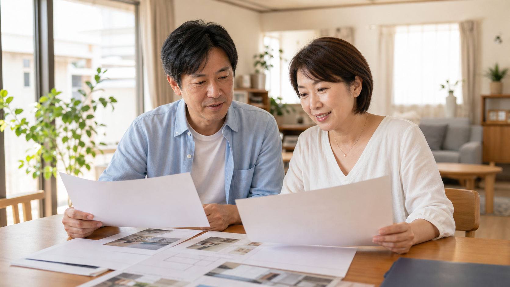 明るいリビングで住宅の資料を見ながら話し合う夫婦